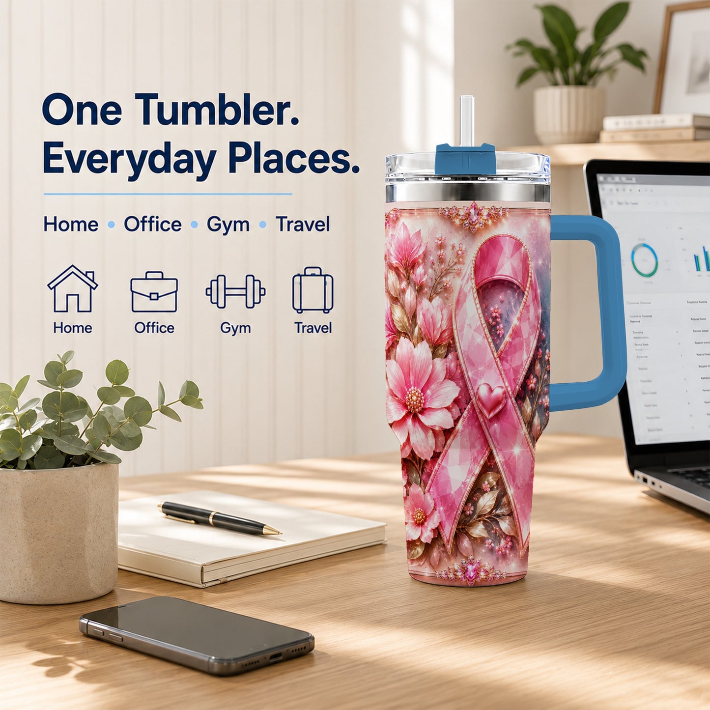 #pl[40oz|Blue] Gemstone Ribbon 40oz Tumbler with Handle, Stainless Steel Travel Cup