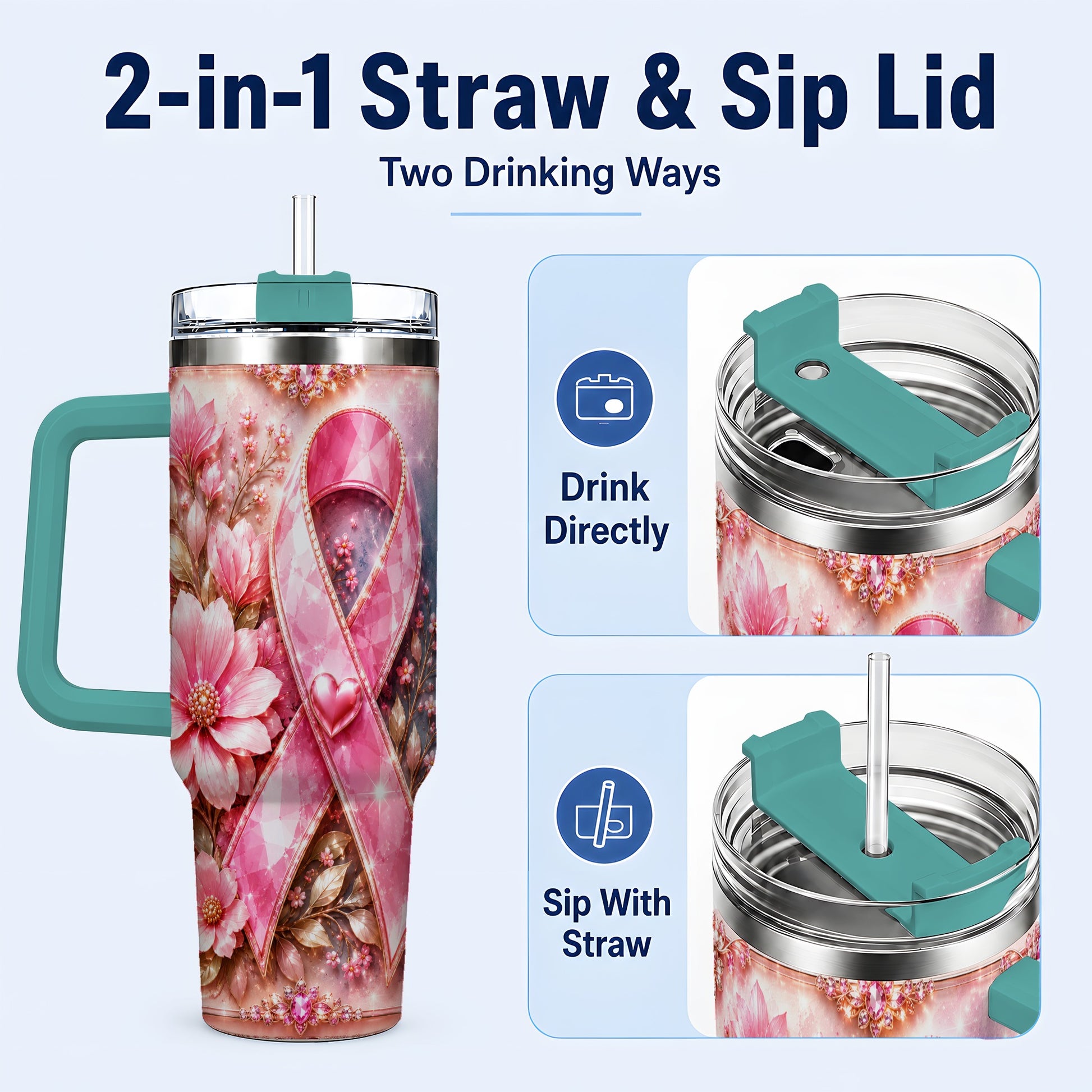 #pl[40oz|Green] Gemstone Ribbon 40oz Tumbler with Handle, Stainless Steel Travel Cup