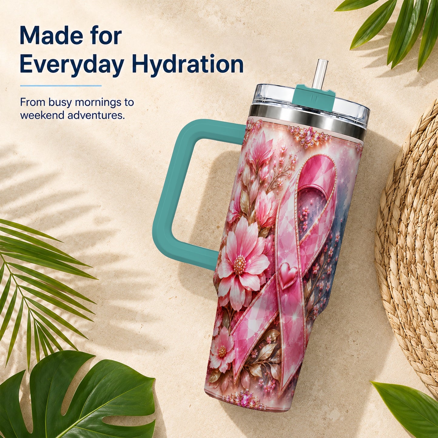 #pl[40oz|Green] Gemstone Ribbon 40oz Tumbler with Handle, Stainless Steel Travel Cup