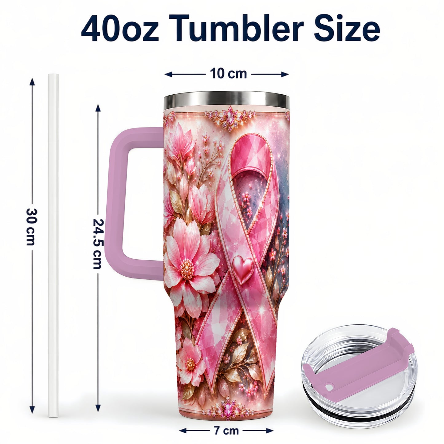 #pl[40oz|Pink] Gemstone Ribbon 40oz Tumbler with Handle, Stainless Steel Travel Cup