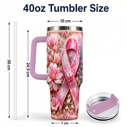 #pl[40oz|Pink] Gemstone Ribbon 40oz Tumbler with Handle, Stainless Steel Travel Cup