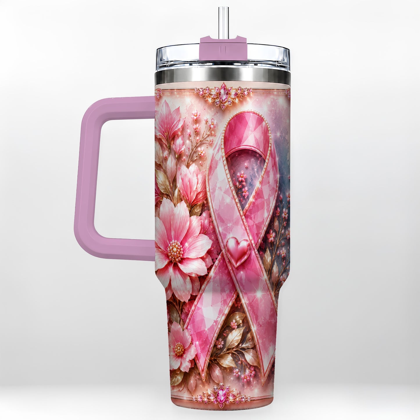 #pl[40oz|Pink] Gemstone Ribbon 40oz Tumbler with Handle, Stainless Steel Travel Cup