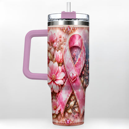 #pl[40oz|Pink] Gemstone Ribbon 40oz Tumbler with Handle, Stainless Steel Travel Cup