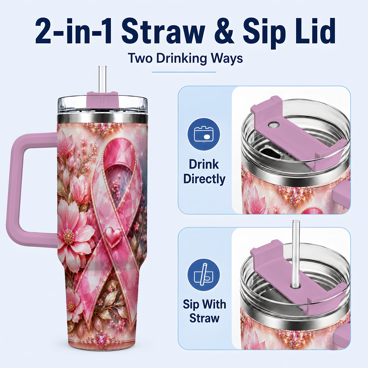 #pl[40oz|Pink] Gemstone Ribbon 40oz Tumbler with Handle, Stainless Steel Travel Cup