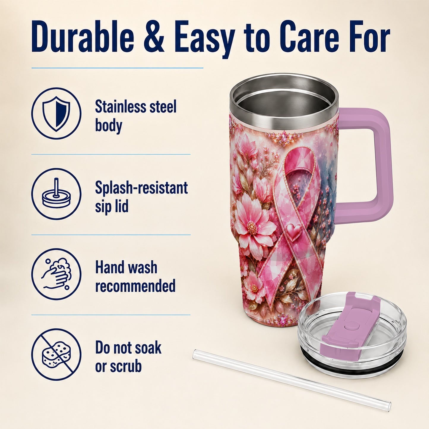 #pl[40oz|Pink] Gemstone Ribbon 40oz Tumbler with Handle, Stainless Steel Travel Cup