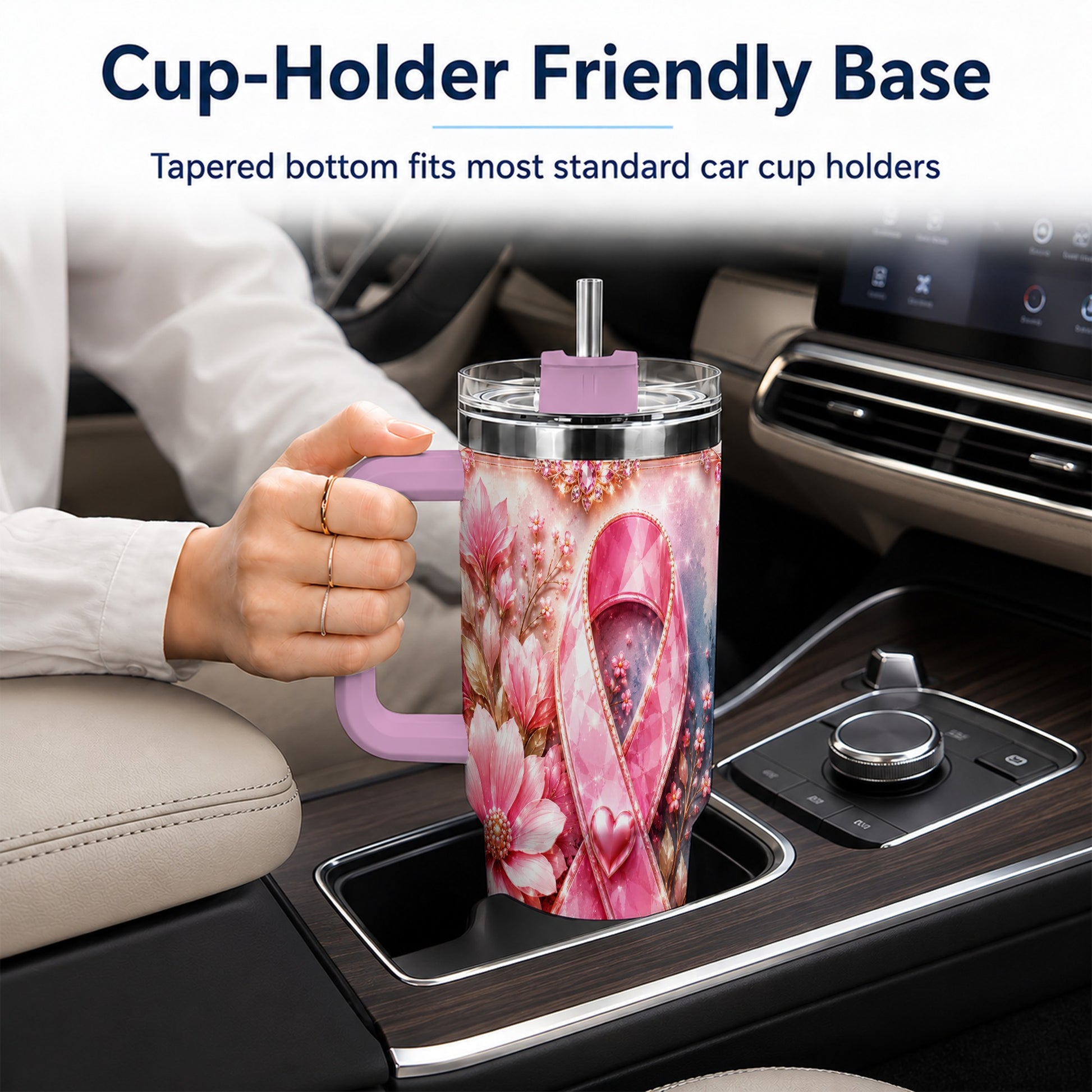 #pl[40oz|Pink] Gemstone Ribbon 40oz Tumbler with Handle, Stainless Steel Travel Cup