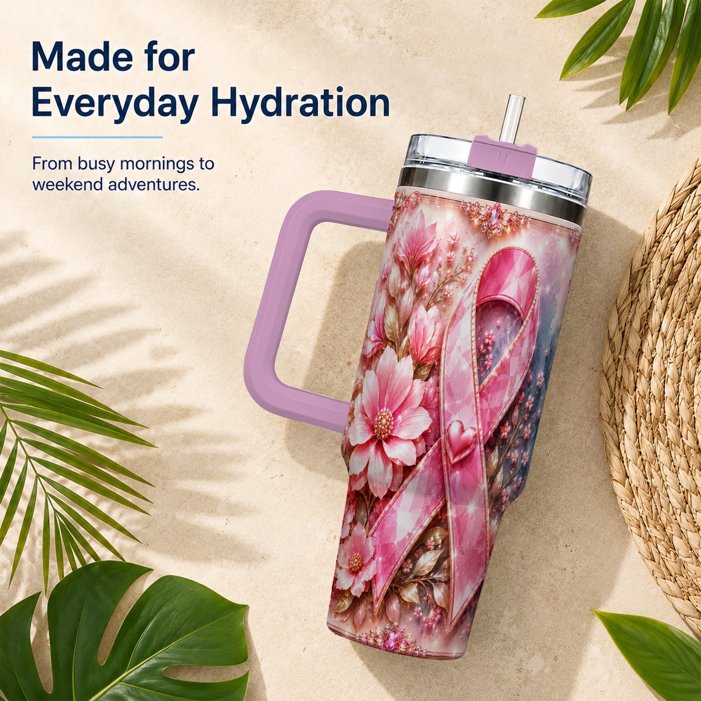 #pl[40oz|Pink] Gemstone Ribbon 40oz Tumbler with Handle, Stainless Steel Travel Cup