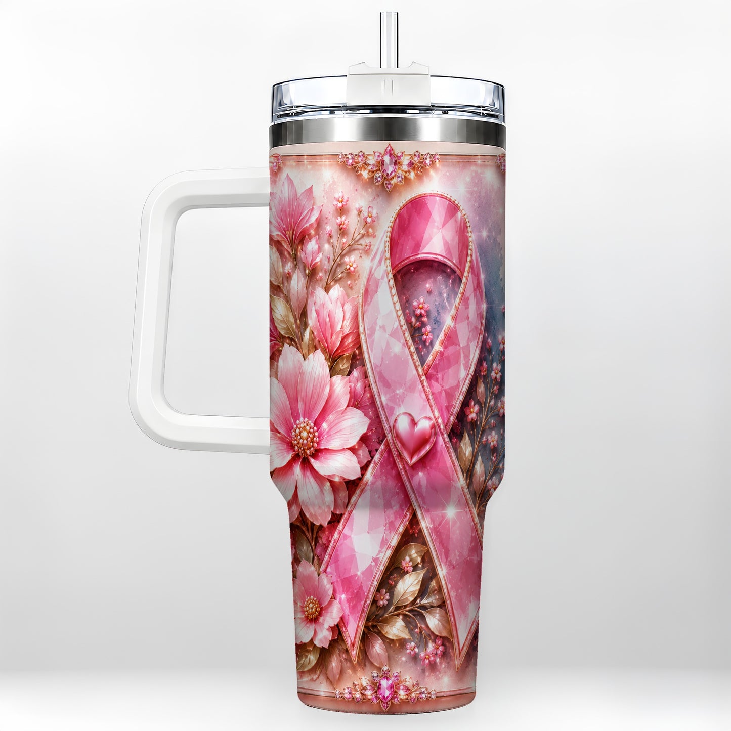 #pl[40oz|White] Gemstone Ribbon 40oz Tumbler with Handle, Stainless Steel Travel Cup