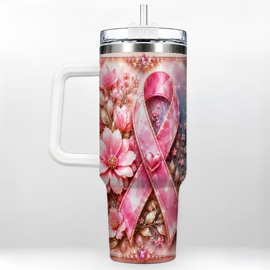 #pl[40oz|White] Gemstone Ribbon 40oz Tumbler with Handle, Stainless Steel Travel Cup