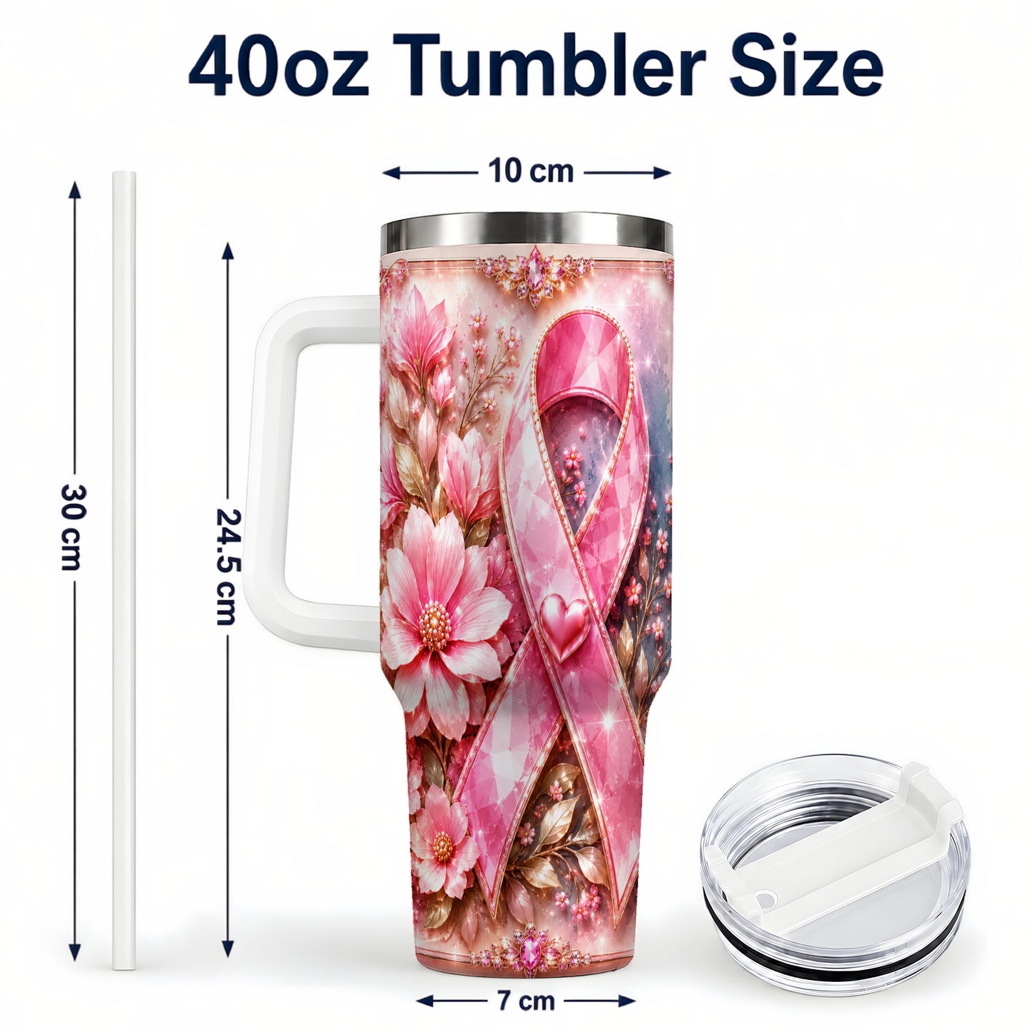 #pl[40oz|White] Gemstone Ribbon 40oz Tumbler with Handle, Stainless Steel Travel Cup