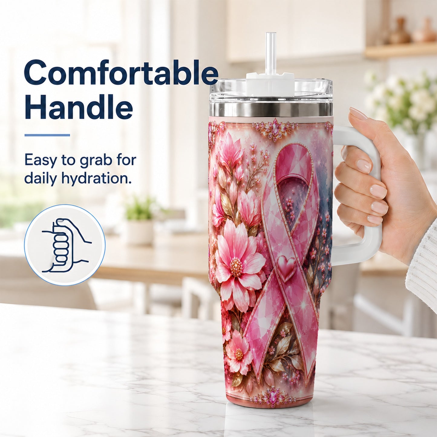 #pl[40oz|White] Gemstone Ribbon 40oz Tumbler with Handle, Stainless Steel Travel Cup