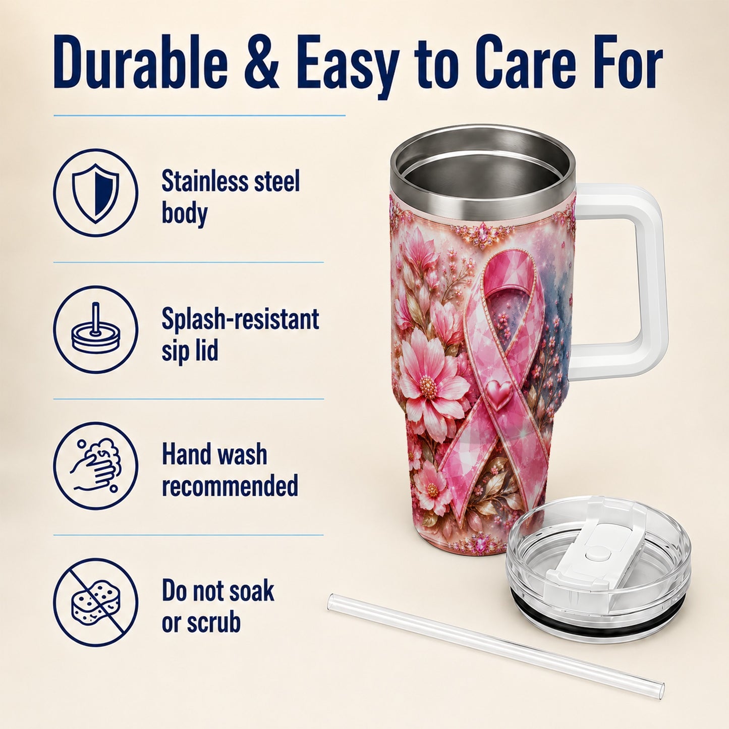 #pl[40oz|White] Gemstone Ribbon 40oz Tumbler with Handle, Stainless Steel Travel Cup