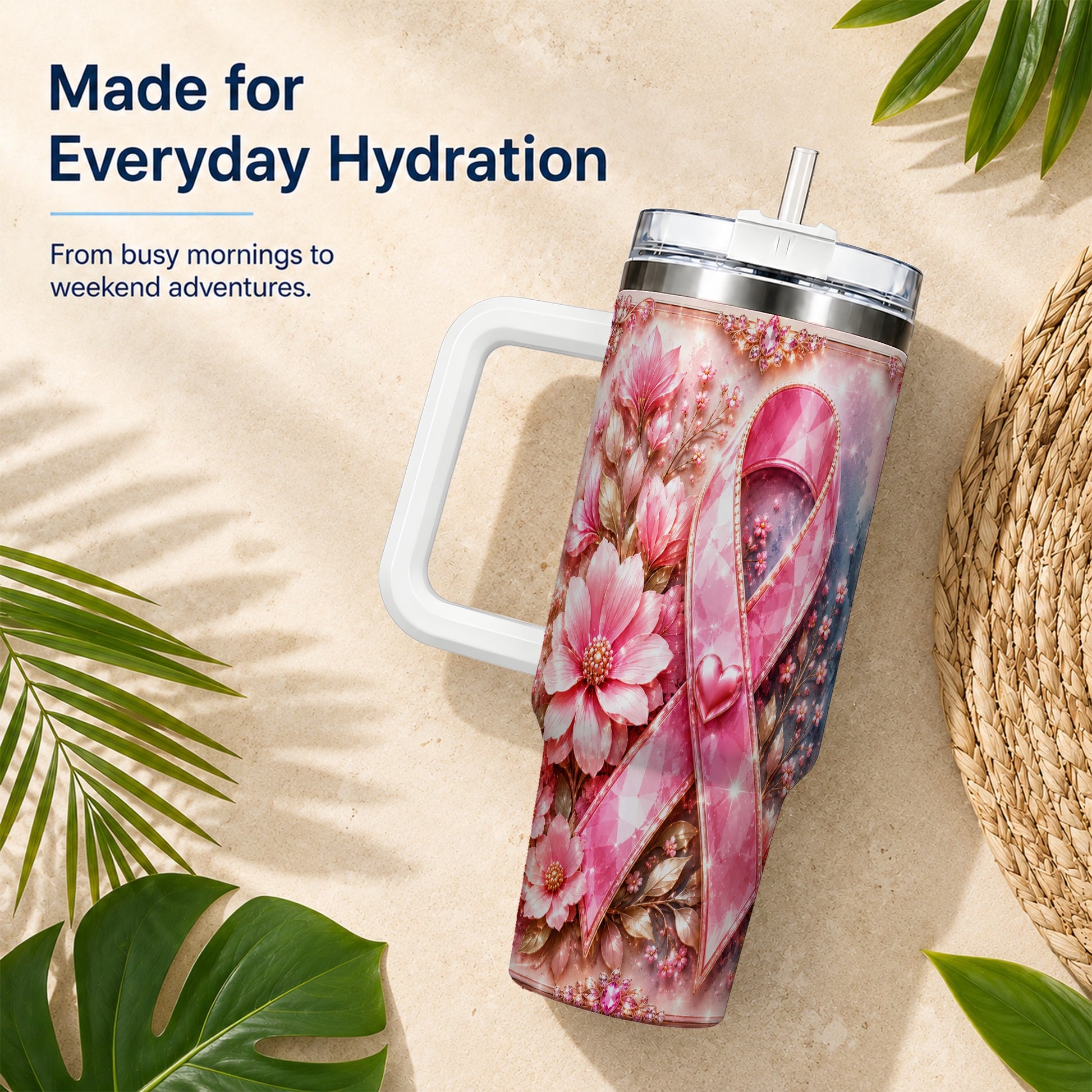 #pl[40oz|White] Gemstone Ribbon 40oz Tumbler with Handle, Stainless Steel Travel Cup