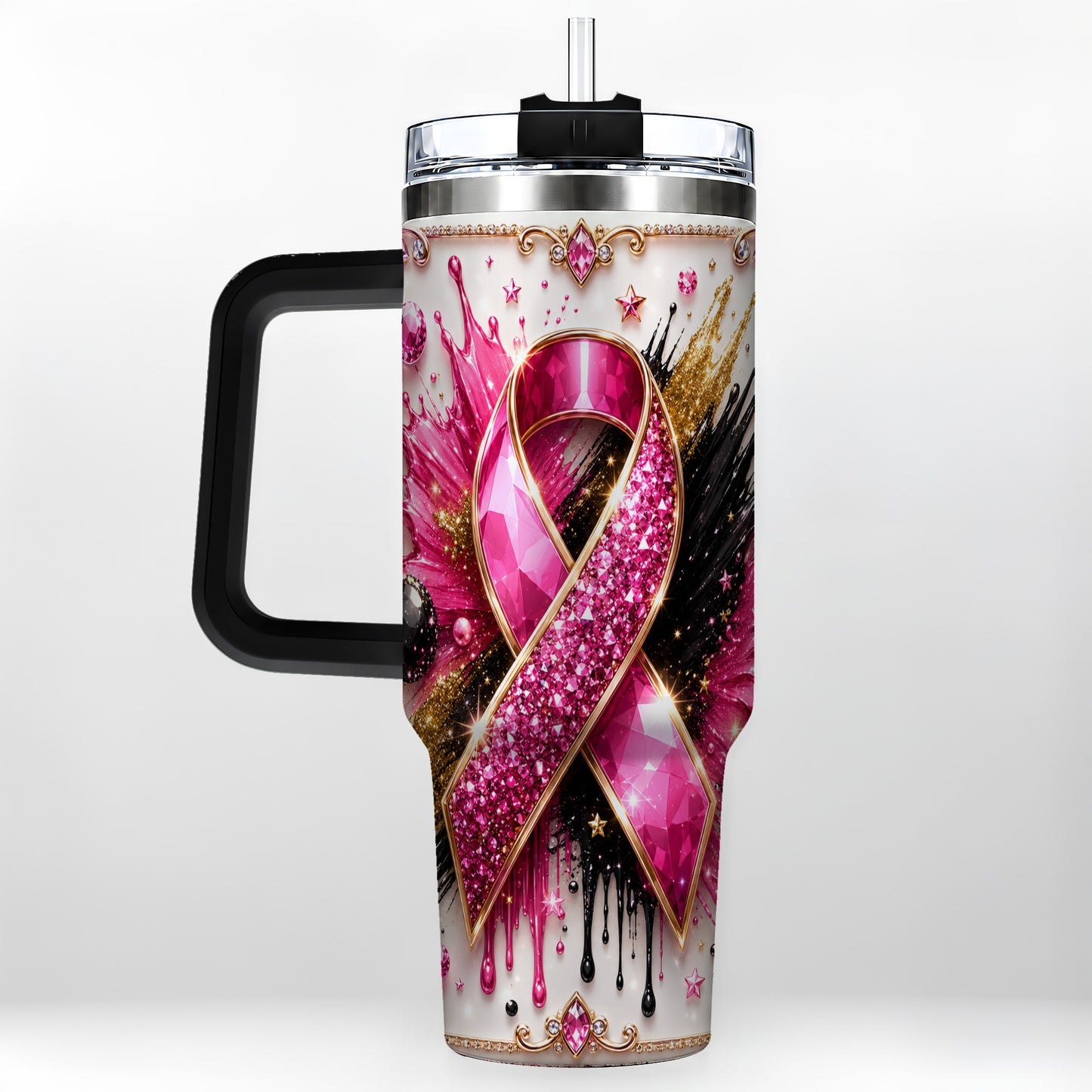 #pl[40oz|Black] Abstract Pink Ribbon 40oz Tumbler with Handle, Stainless Steel Travel Cup