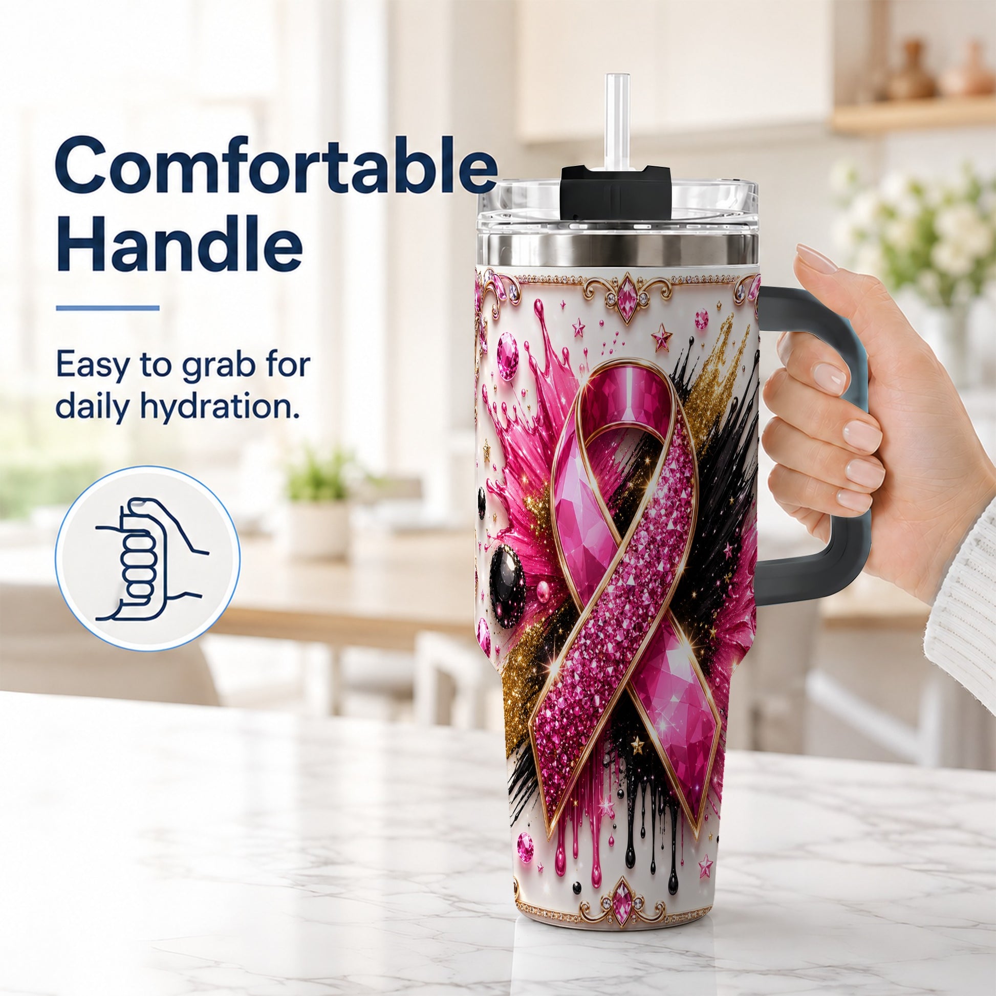 #pl[40oz|Black] Abstract Pink Ribbon 40oz Tumbler with Handle, Stainless Steel Travel Cup