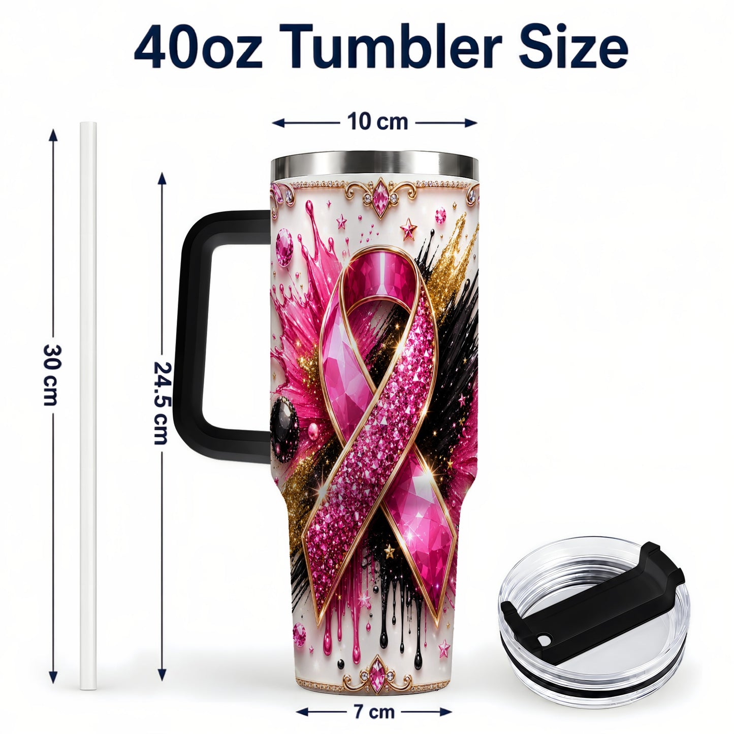#pl[40oz|Black] Abstract Pink Ribbon 40oz Tumbler with Handle, Stainless Steel Travel Cup