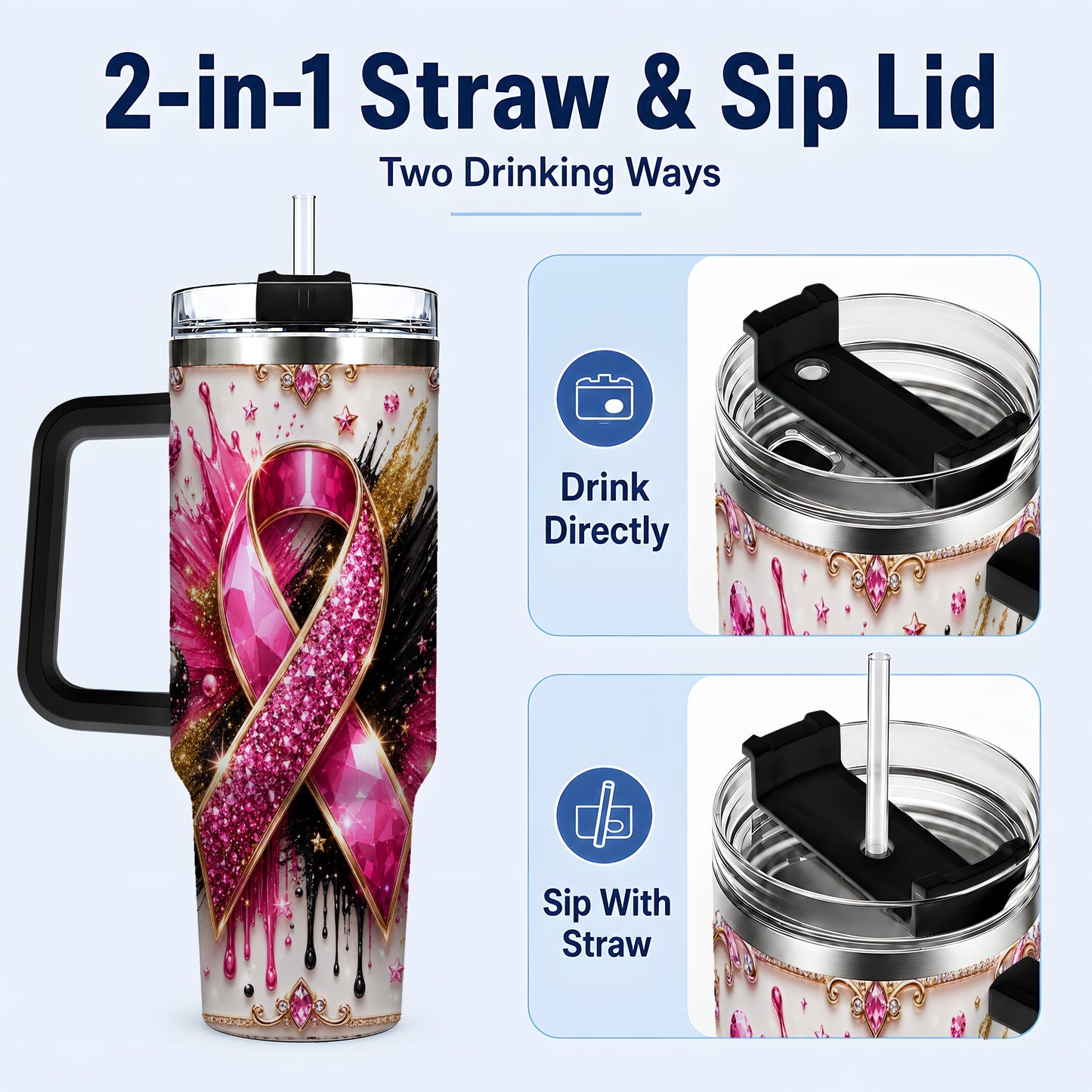 #pl[40oz|Black] Abstract Pink Ribbon 40oz Tumbler with Handle, Stainless Steel Travel Cup