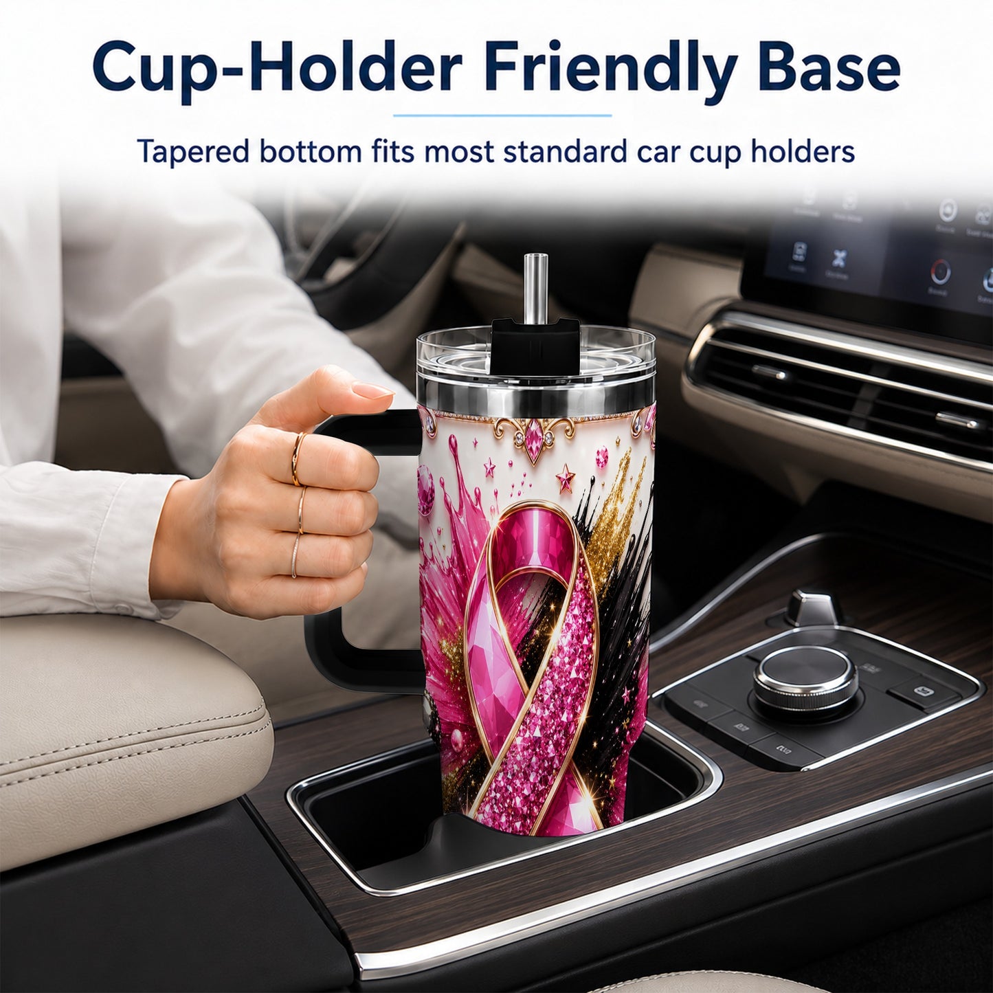 #pl[40oz|Black] Abstract Pink Ribbon 40oz Tumbler with Handle, Stainless Steel Travel Cup