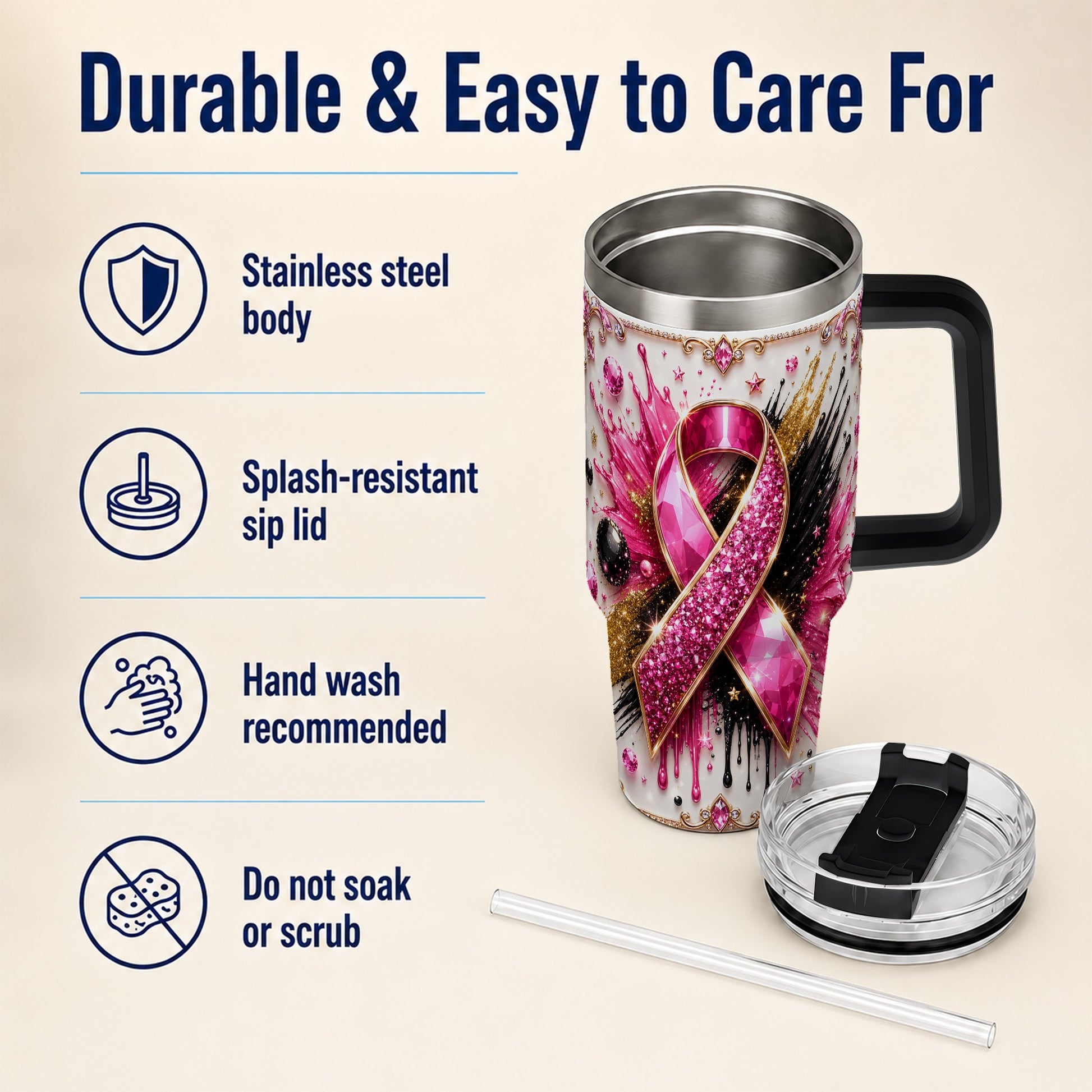 #pl[40oz|Black] Abstract Pink Ribbon 40oz Tumbler with Handle, Stainless Steel Travel Cup