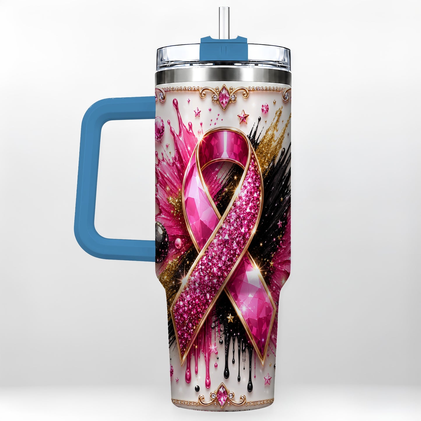 #pl[40oz|Blue] Abstract Pink Ribbon 40oz Tumbler with Handle, Stainless Steel Travel Cup