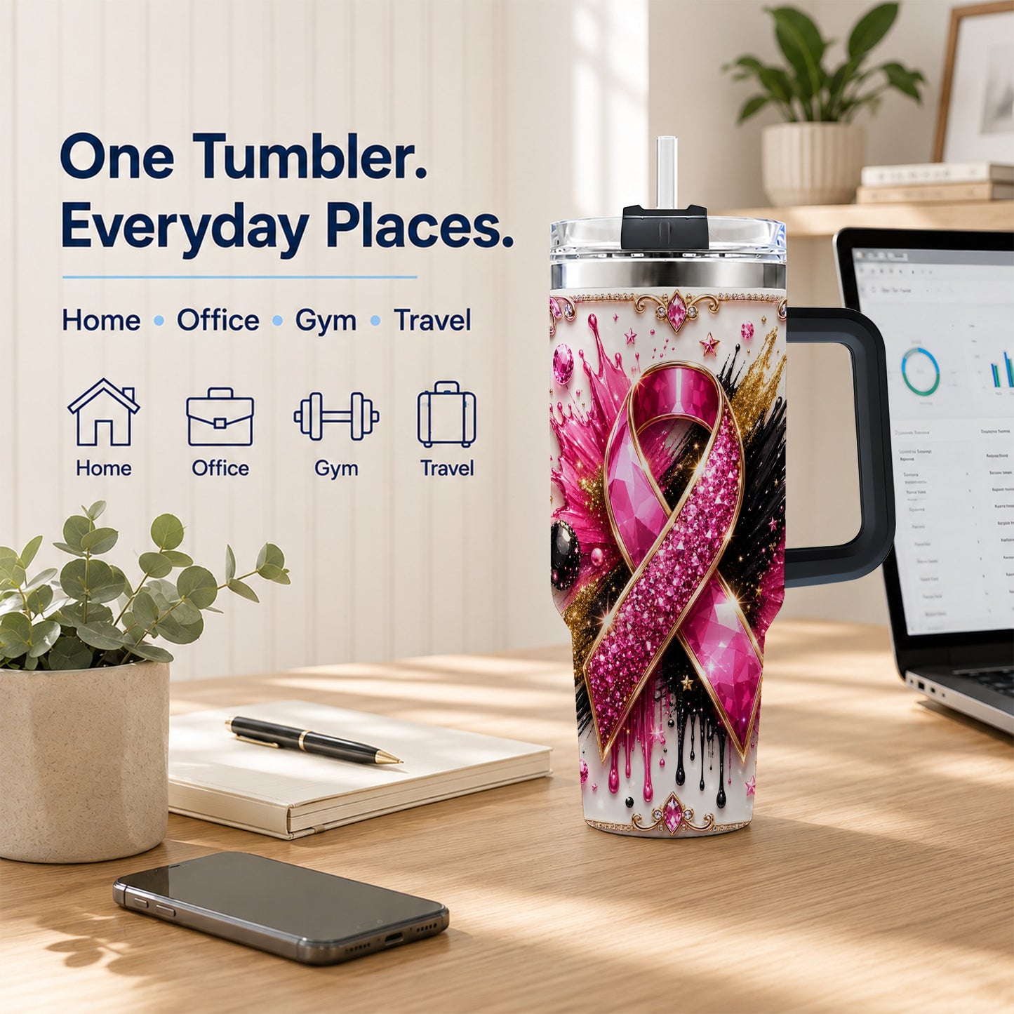#pl[40oz|Black] Abstract Pink Ribbon 40oz Tumbler with Handle, Stainless Steel Travel Cup