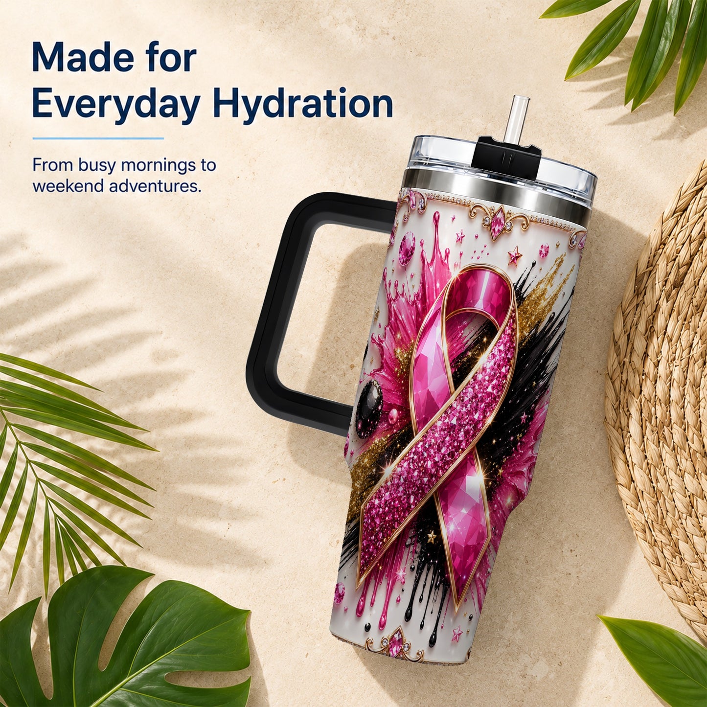 #pl[40oz|Black] Abstract Pink Ribbon 40oz Tumbler with Handle, Stainless Steel Travel Cup
