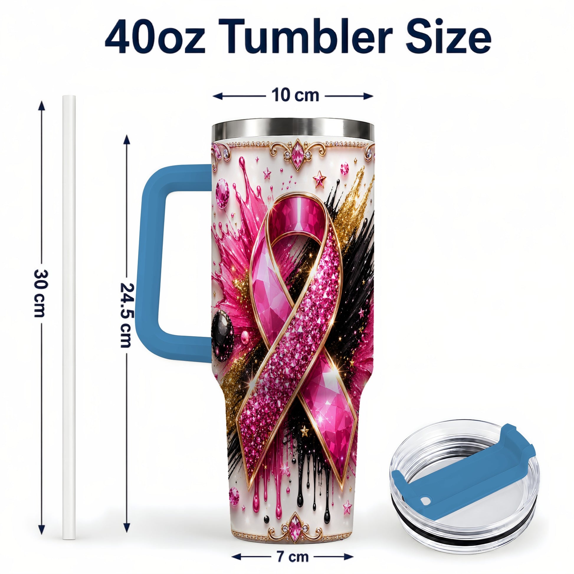 #pl[40oz|Blue] Abstract Pink Ribbon 40oz Tumbler with Handle, Stainless Steel Travel Cup