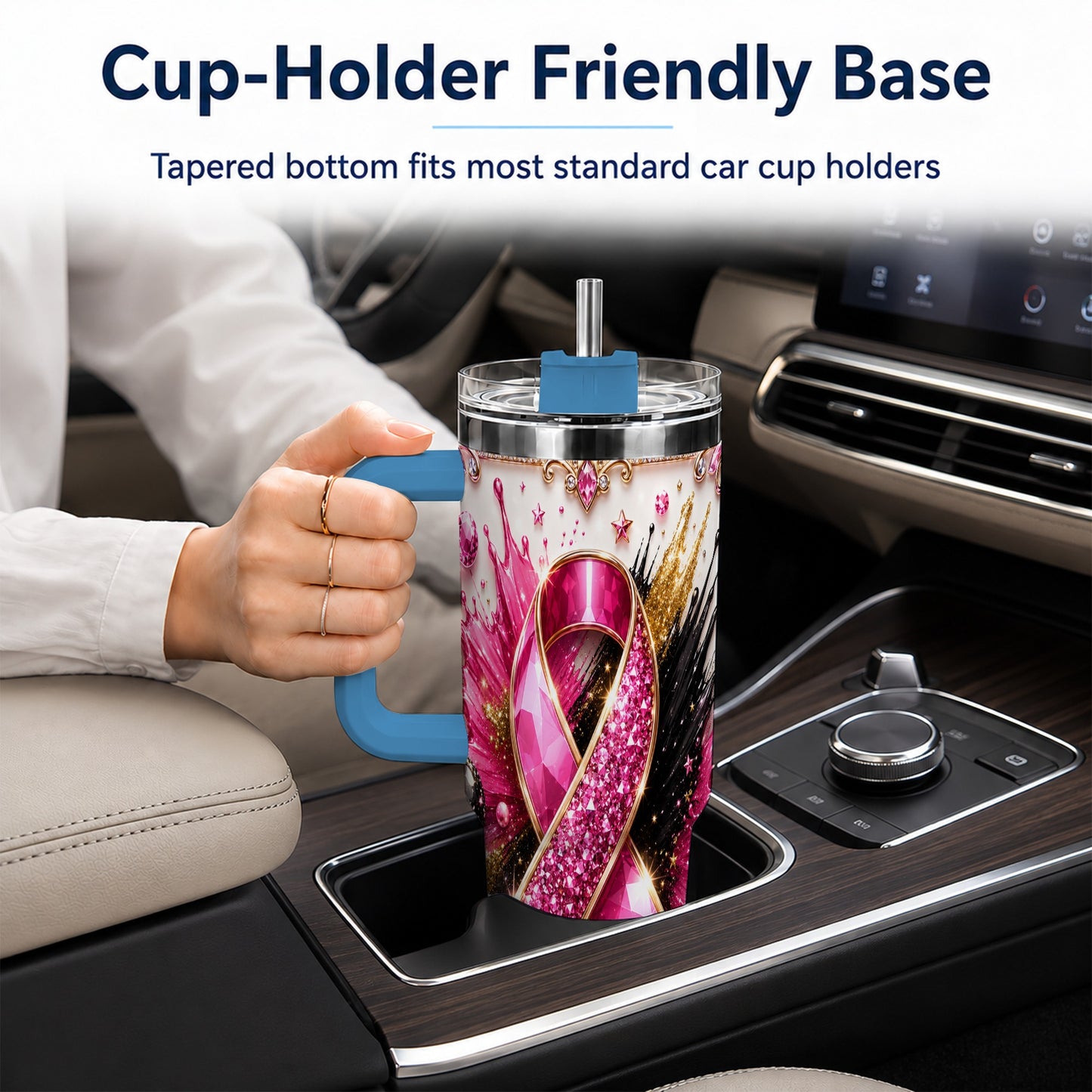 #pl[40oz|Blue] Abstract Pink Ribbon 40oz Tumbler with Handle, Stainless Steel Travel Cup