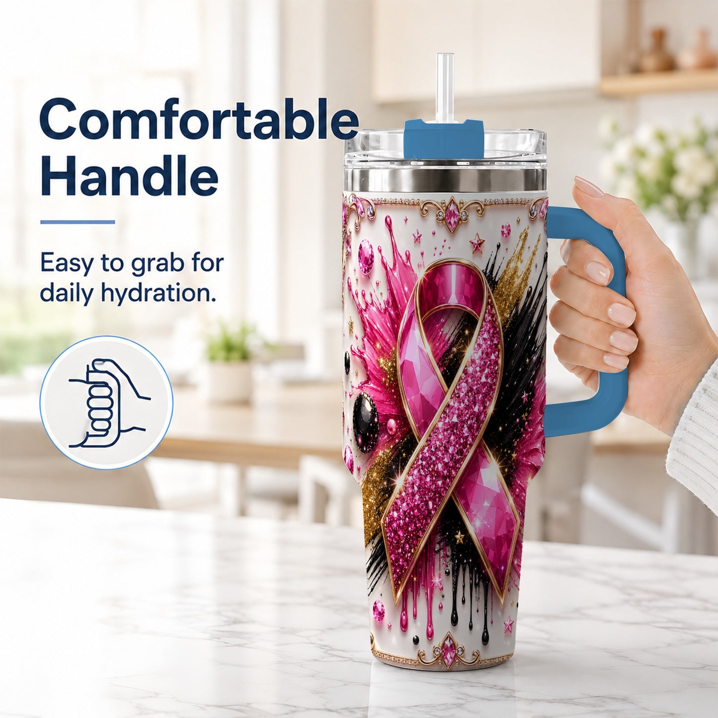 #pl[40oz|Blue] Abstract Pink Ribbon 40oz Tumbler with Handle, Stainless Steel Travel Cup