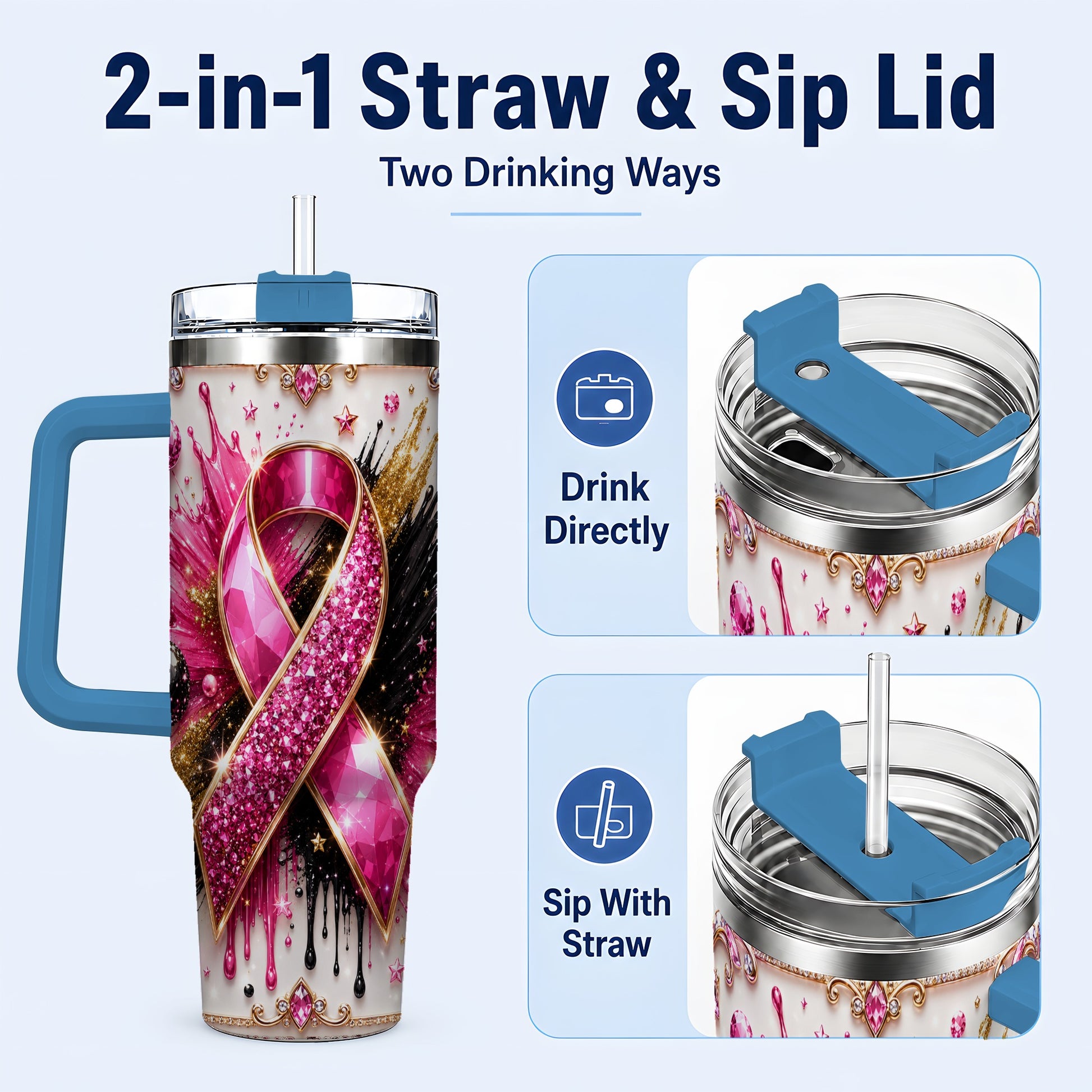 #pl[40oz|Blue] Abstract Pink Ribbon 40oz Tumbler with Handle, Stainless Steel Travel Cup