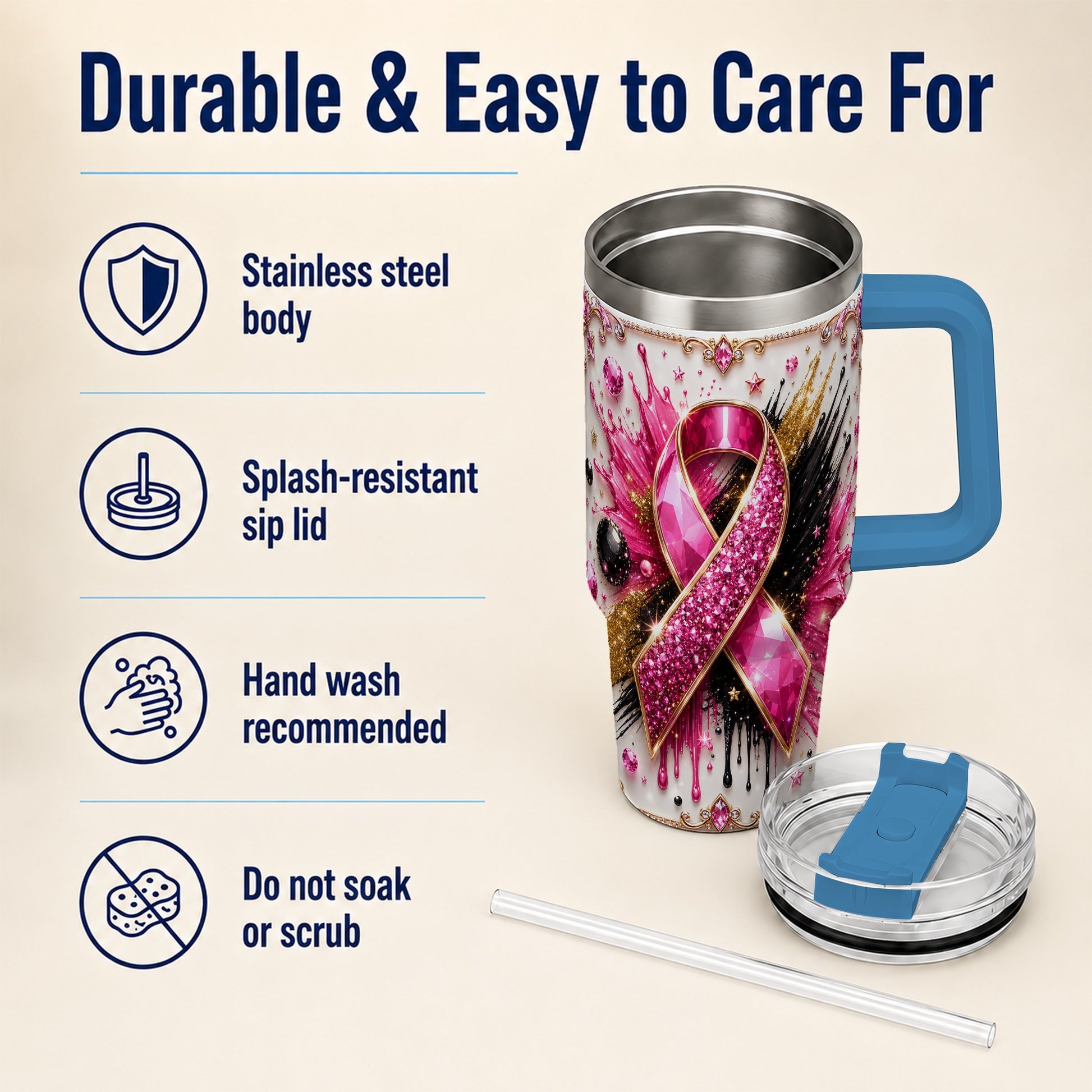 #pl[40oz|Blue] Abstract Pink Ribbon 40oz Tumbler with Handle, Stainless Steel Travel Cup