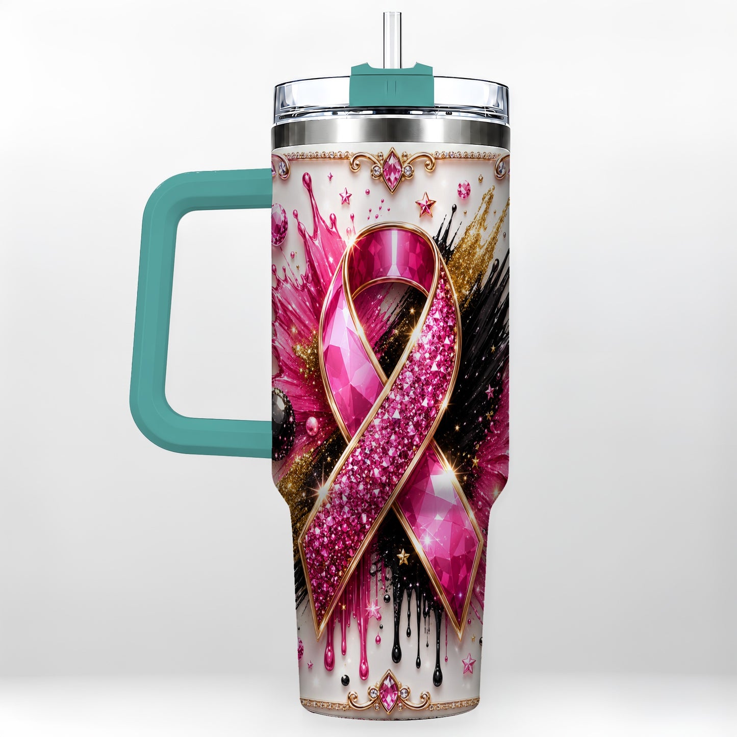 #pl[40oz|Green] Abstract Pink Ribbon 40oz Tumbler with Handle, Stainless Steel Travel Cup