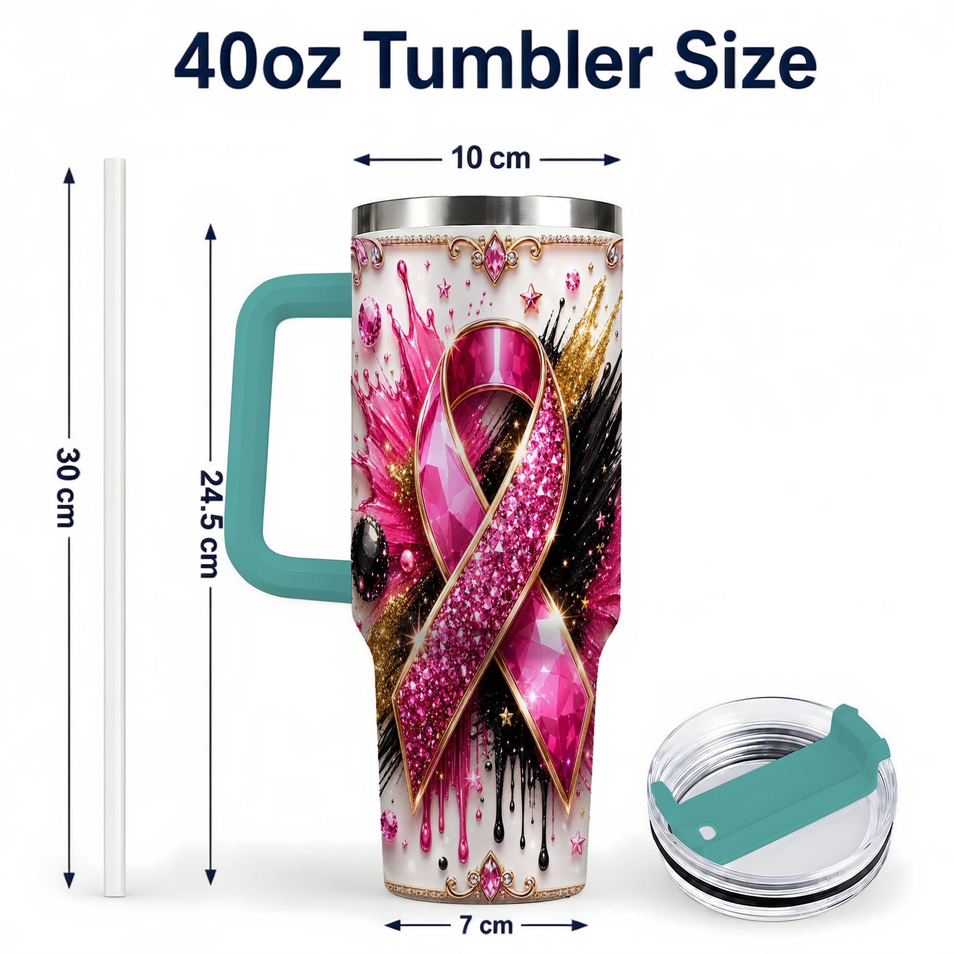 #pl[40oz|Green] Abstract Pink Ribbon 40oz Tumbler with Handle, Stainless Steel Travel Cup