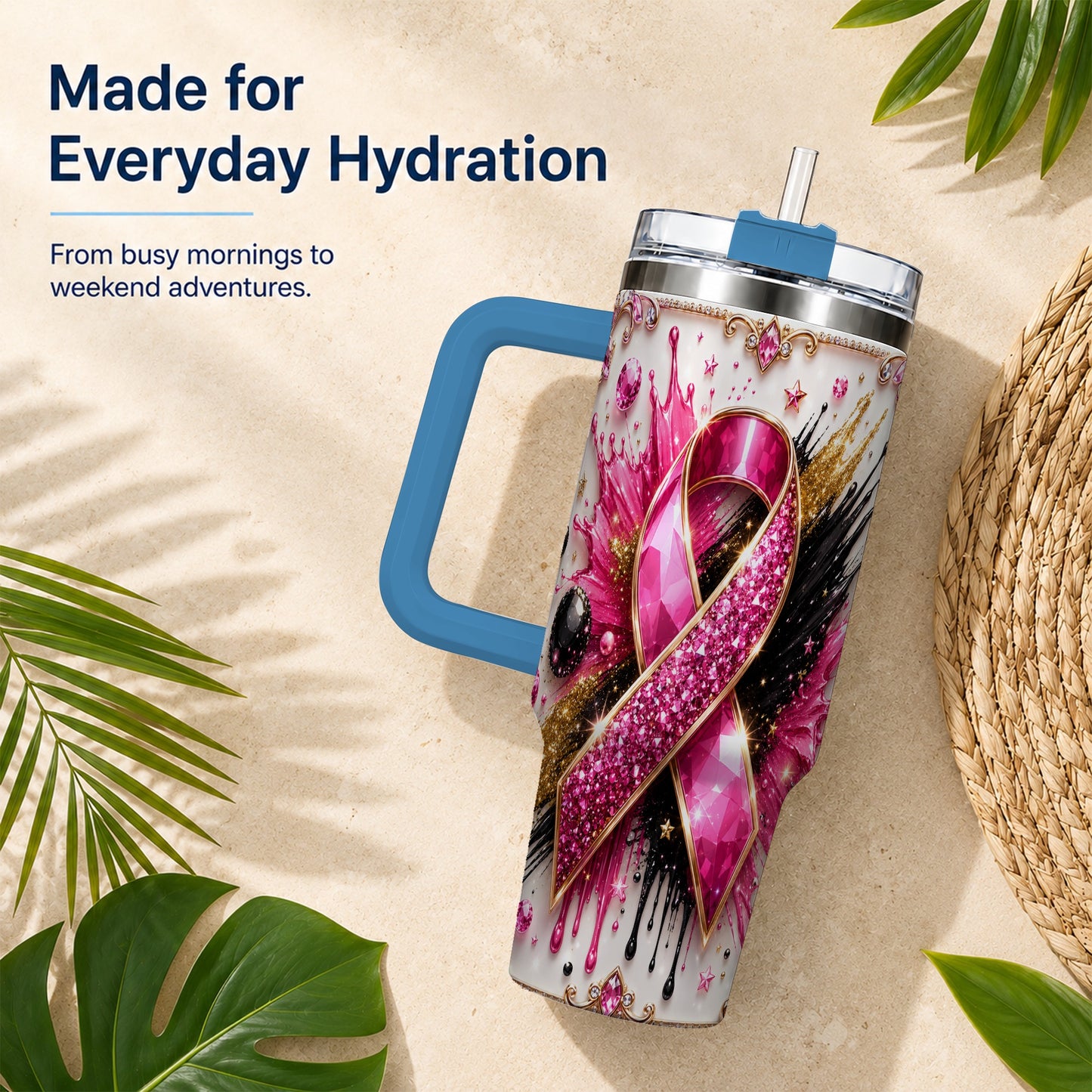 #pl[40oz|Blue] Abstract Pink Ribbon 40oz Tumbler with Handle, Stainless Steel Travel Cup