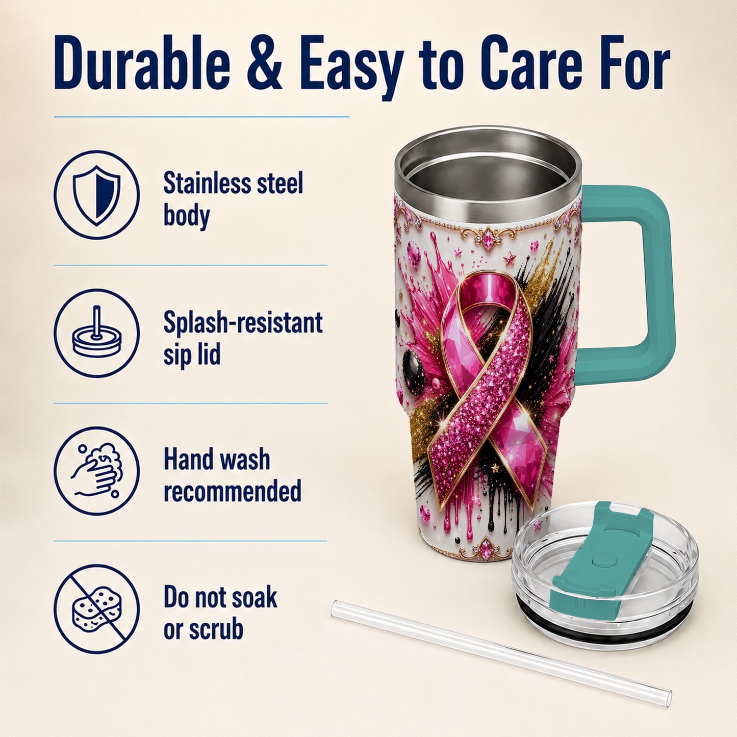 #pl[40oz|Green] Abstract Pink Ribbon 40oz Tumbler with Handle, Stainless Steel Travel Cup