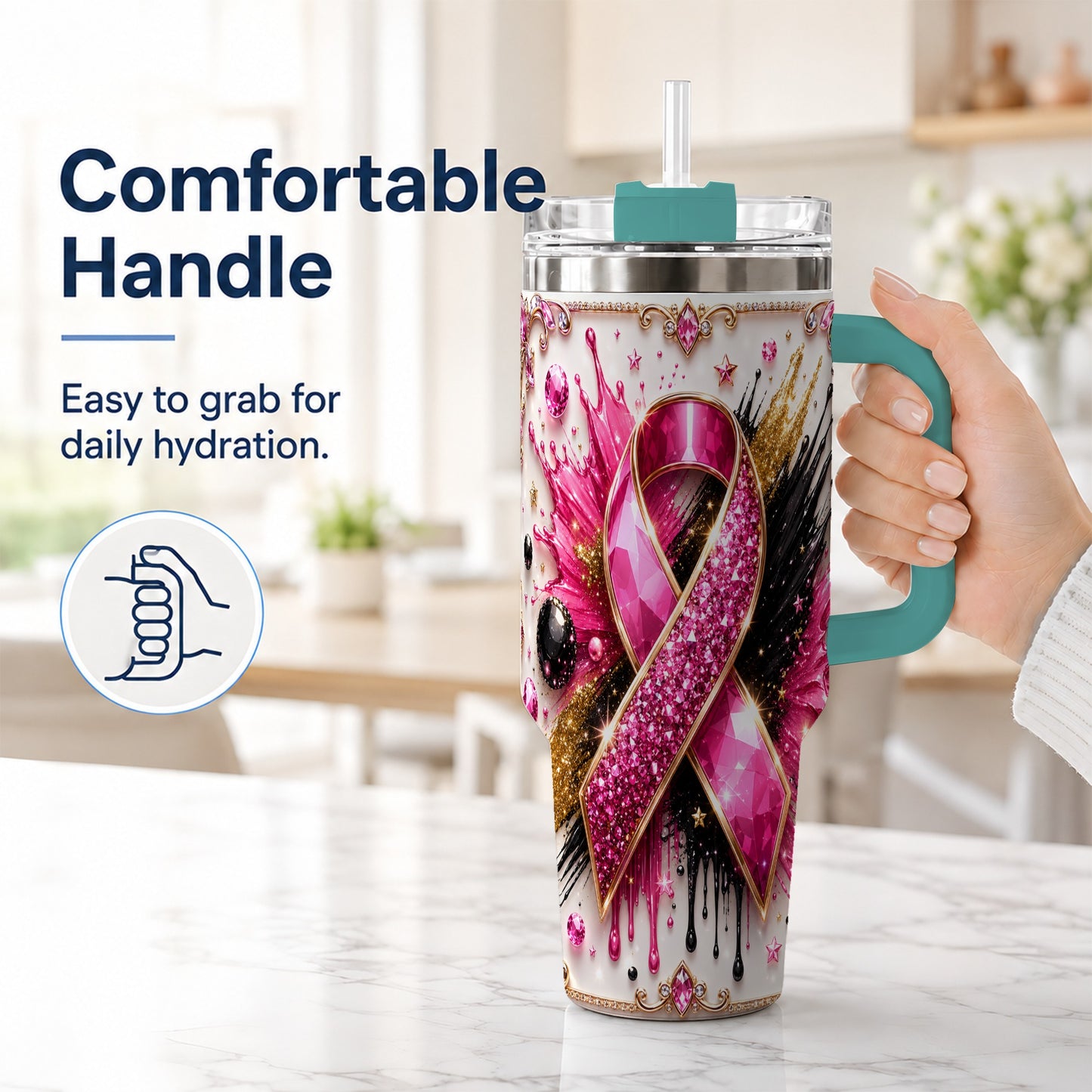 #pl[40oz|Green] Abstract Pink Ribbon 40oz Tumbler with Handle, Stainless Steel Travel Cup