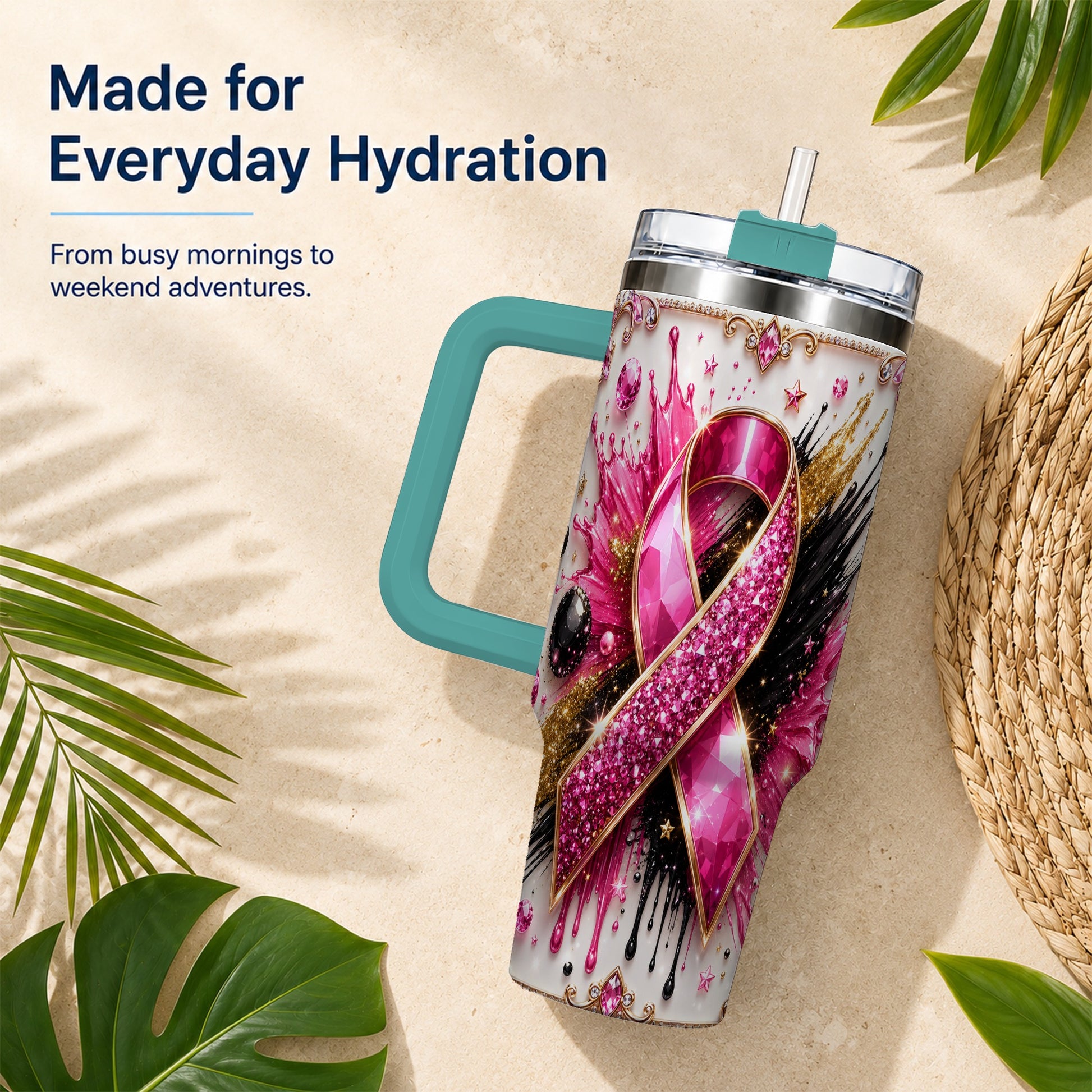 #pl[40oz|Green] Abstract Pink Ribbon 40oz Tumbler with Handle, Stainless Steel Travel Cup