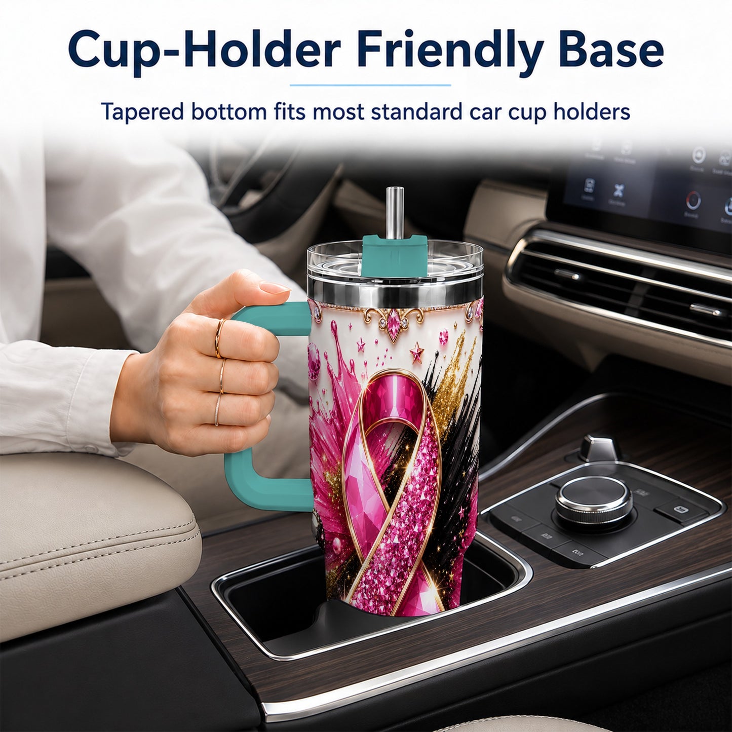 #pl[40oz|Green] Abstract Pink Ribbon 40oz Tumbler with Handle, Stainless Steel Travel Cup
