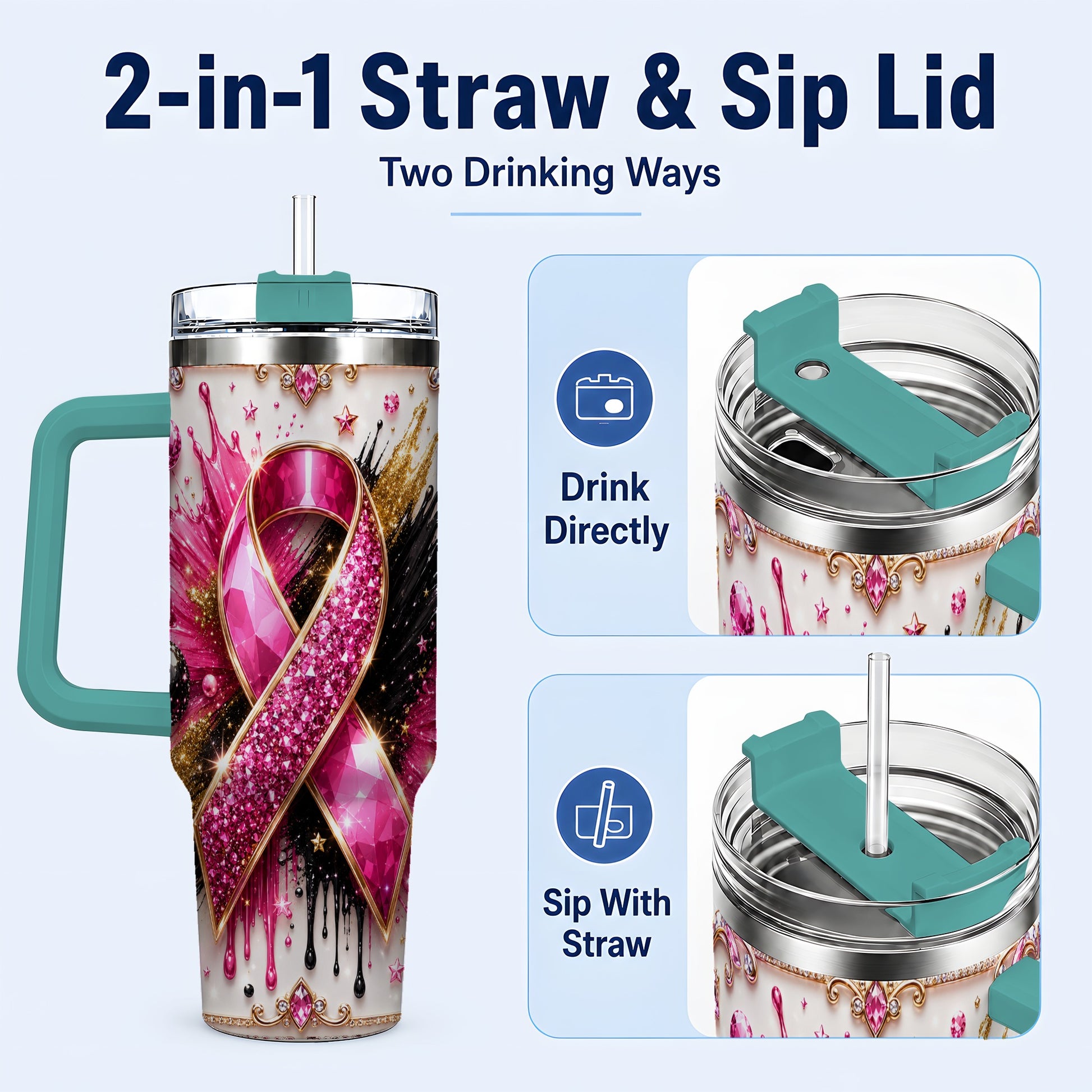 #pl[40oz|Green] Abstract Pink Ribbon 40oz Tumbler with Handle, Stainless Steel Travel Cup