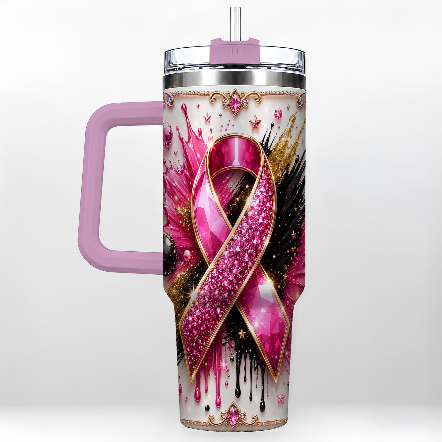 #pl[40oz|Pink] Abstract Pink Ribbon 40oz Tumbler with Handle, Stainless Steel Travel Cup