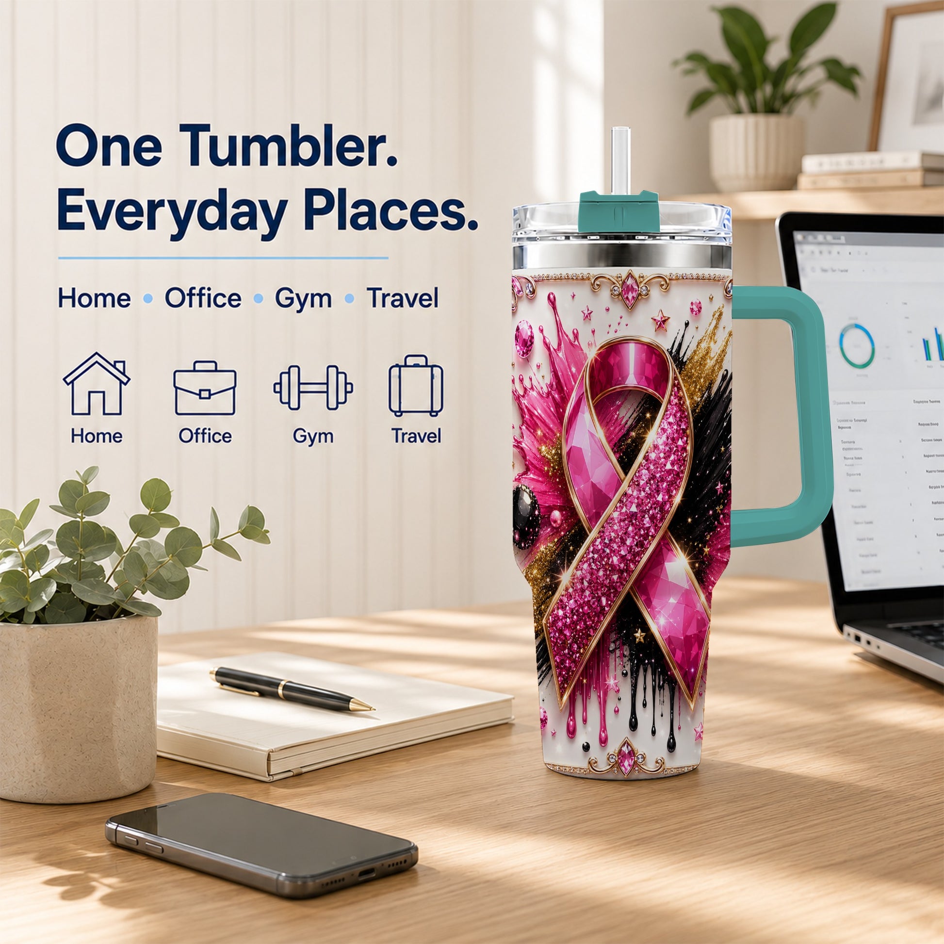 #pl[40oz|Green] Abstract Pink Ribbon 40oz Tumbler with Handle, Stainless Steel Travel Cup