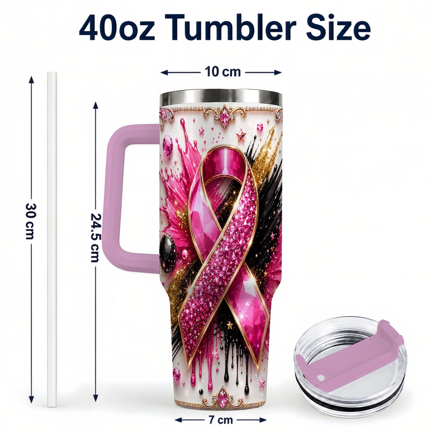 #pl[40oz|Pink] Abstract Pink Ribbon 40oz Tumbler with Handle, Stainless Steel Travel Cup