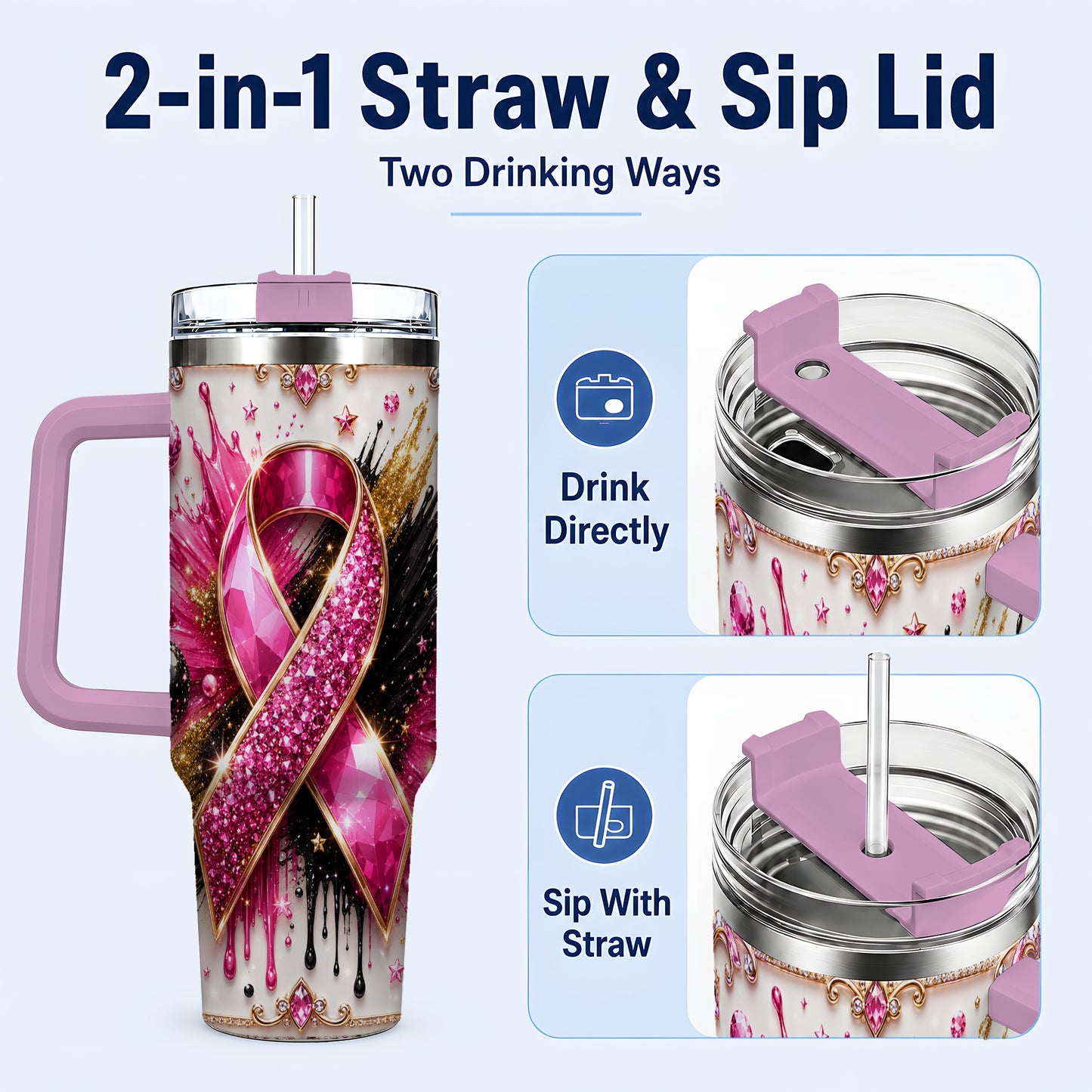 #pl[40oz|Pink] Abstract Pink Ribbon 40oz Tumbler with Handle, Stainless Steel Travel Cup