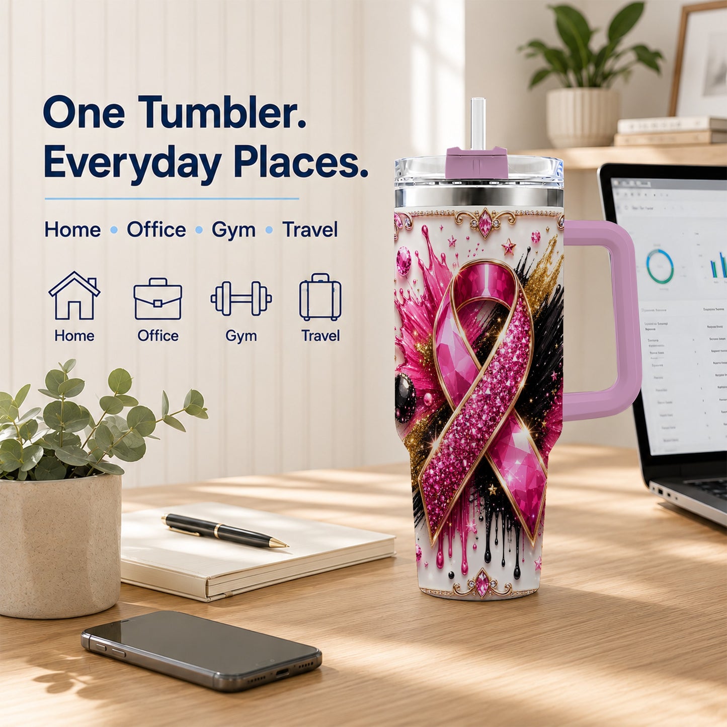 #pl[40oz|Pink] Abstract Pink Ribbon 40oz Tumbler with Handle, Stainless Steel Travel Cup