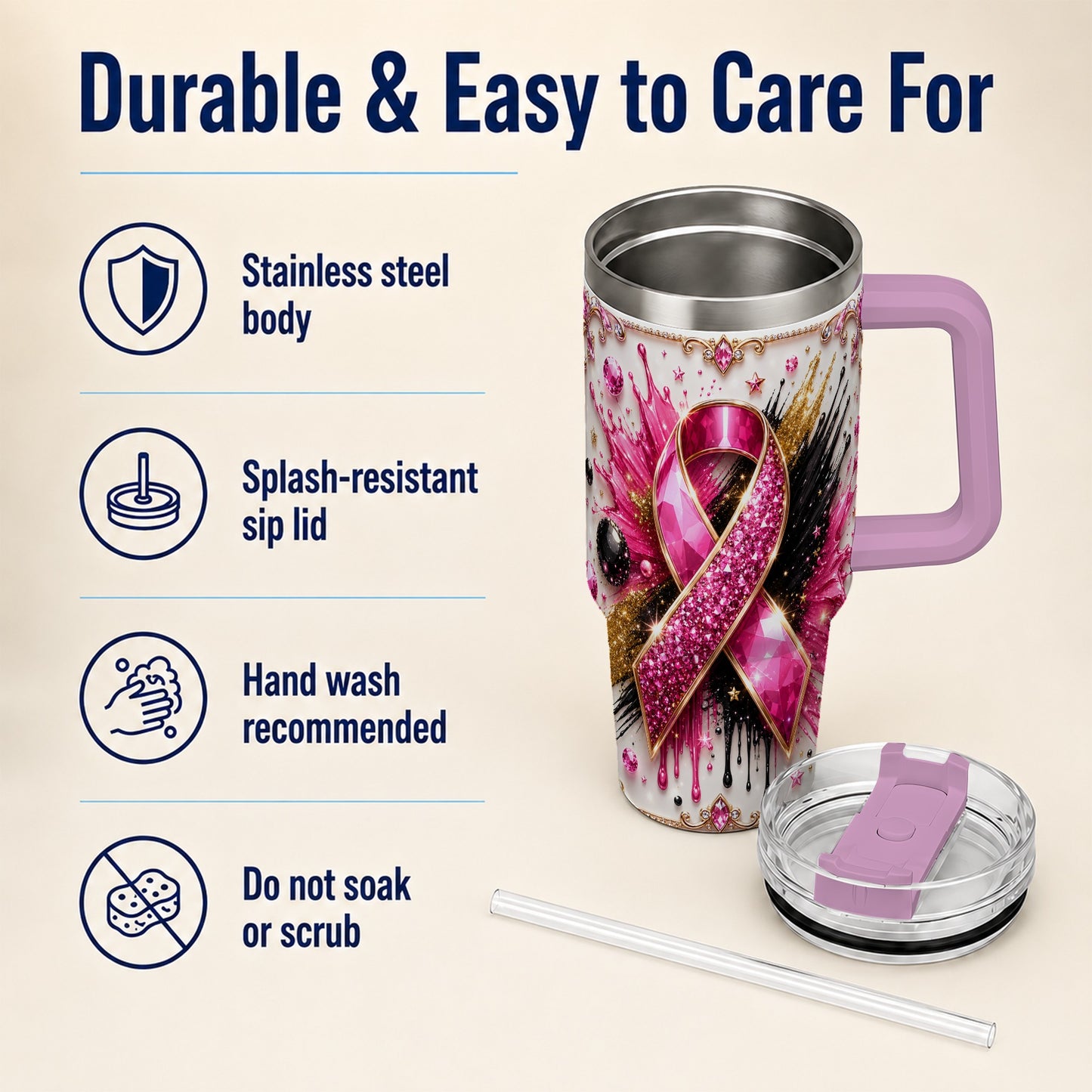 #pl[40oz|Pink] Abstract Pink Ribbon 40oz Tumbler with Handle, Stainless Steel Travel Cup