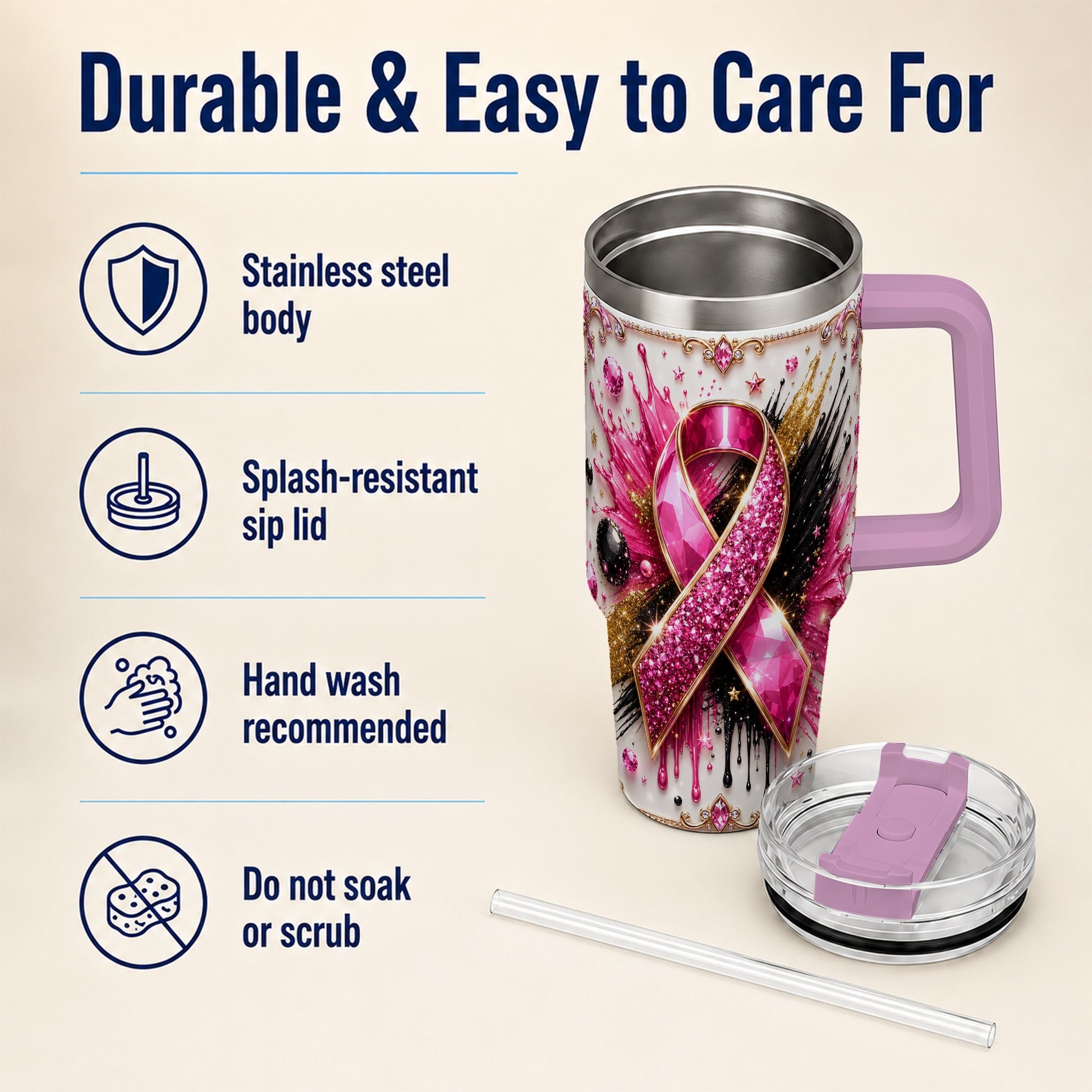 #pl[40oz|Pink] Abstract Pink Ribbon 40oz Tumbler with Handle, Stainless Steel Travel Cup