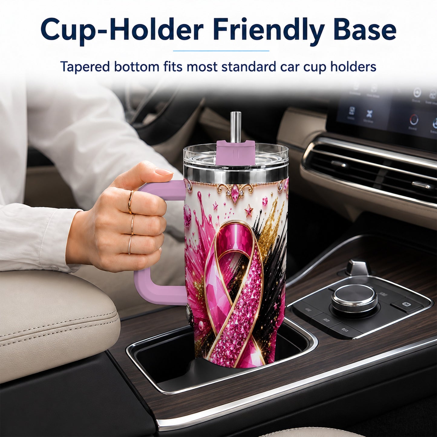 #pl[40oz|Pink] Abstract Pink Ribbon 40oz Tumbler with Handle, Stainless Steel Travel Cup