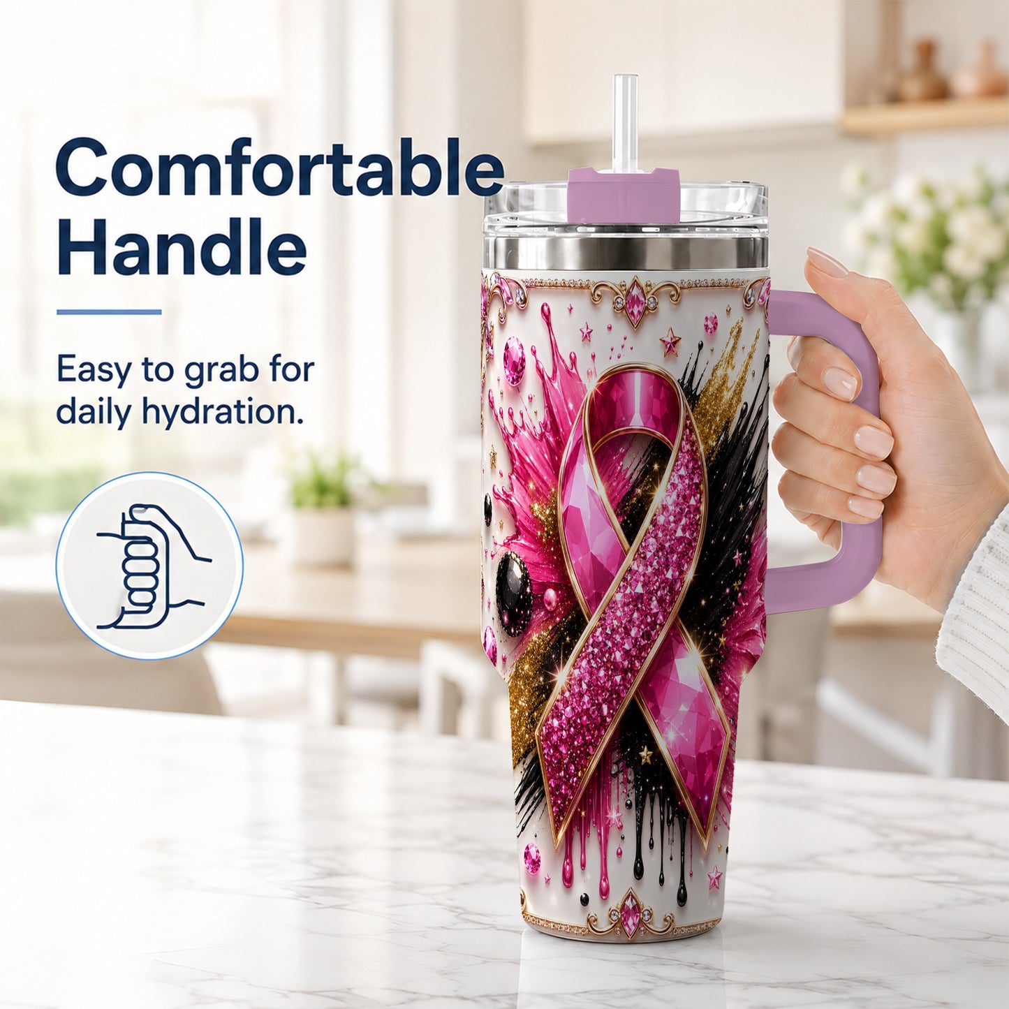#pl[40oz|Pink] Abstract Pink Ribbon 40oz Tumbler with Handle, Stainless Steel Travel Cup