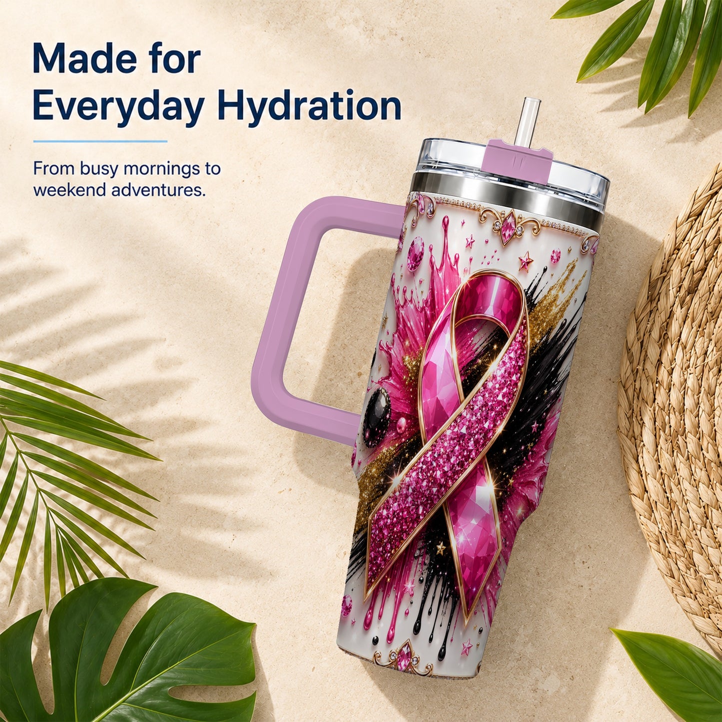 #pl[40oz|Pink] Abstract Pink Ribbon 40oz Tumbler with Handle, Stainless Steel Travel Cup
