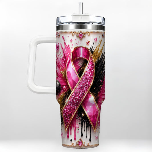 #pl[40oz|White] Abstract Pink Ribbon 40oz Tumbler with Handle, Stainless Steel Travel Cup